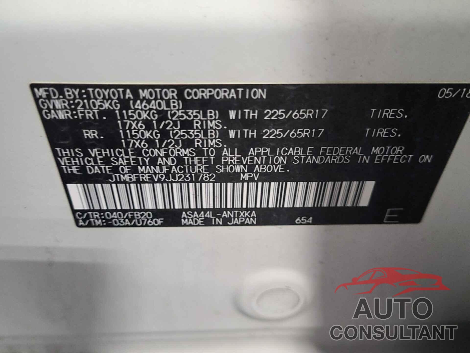 TOYOTA RAV4 2018 - JTMBFREV9JJ231782