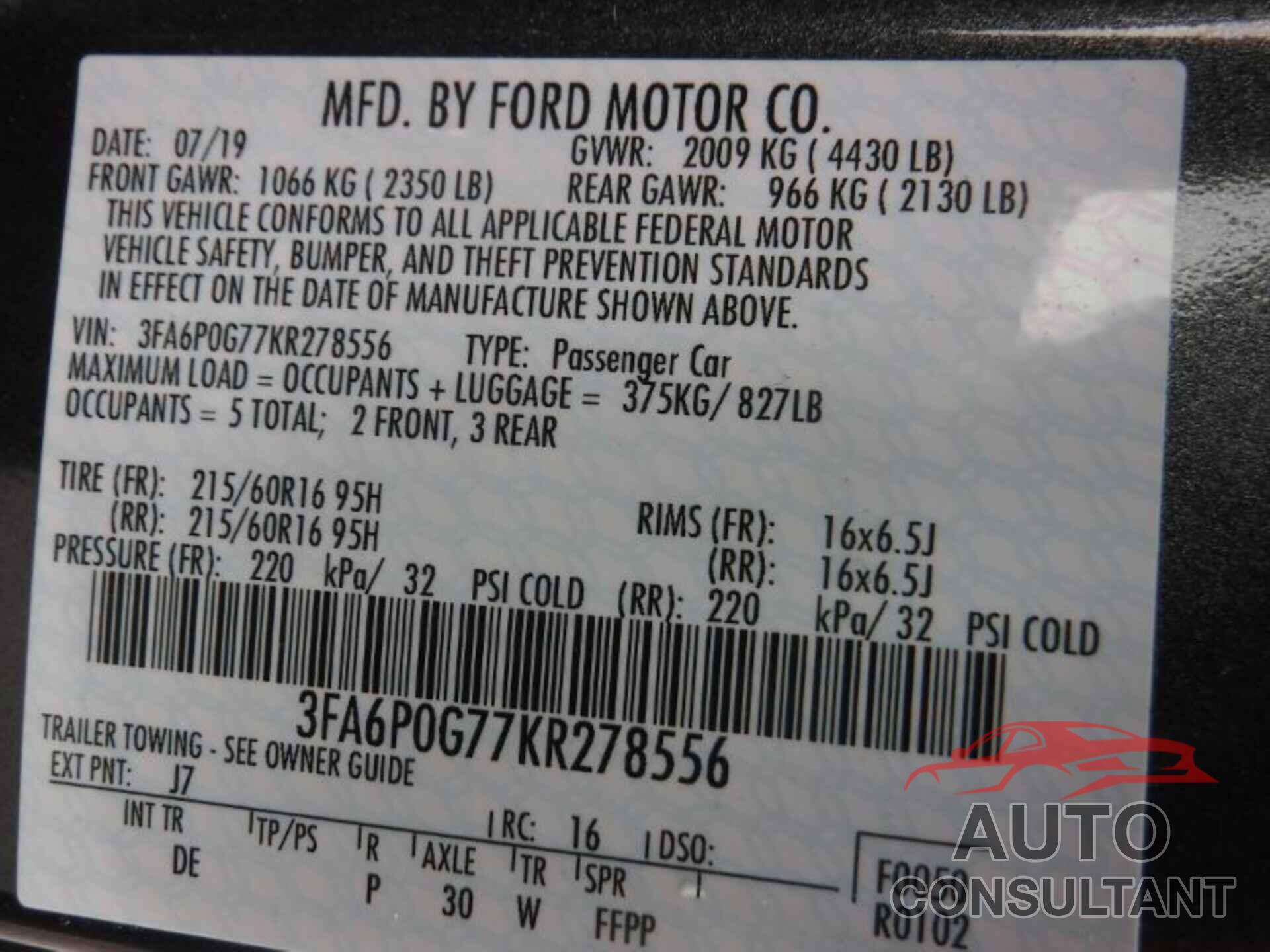 FORD FUSION 2019 - 3FA6P0G77KR278556