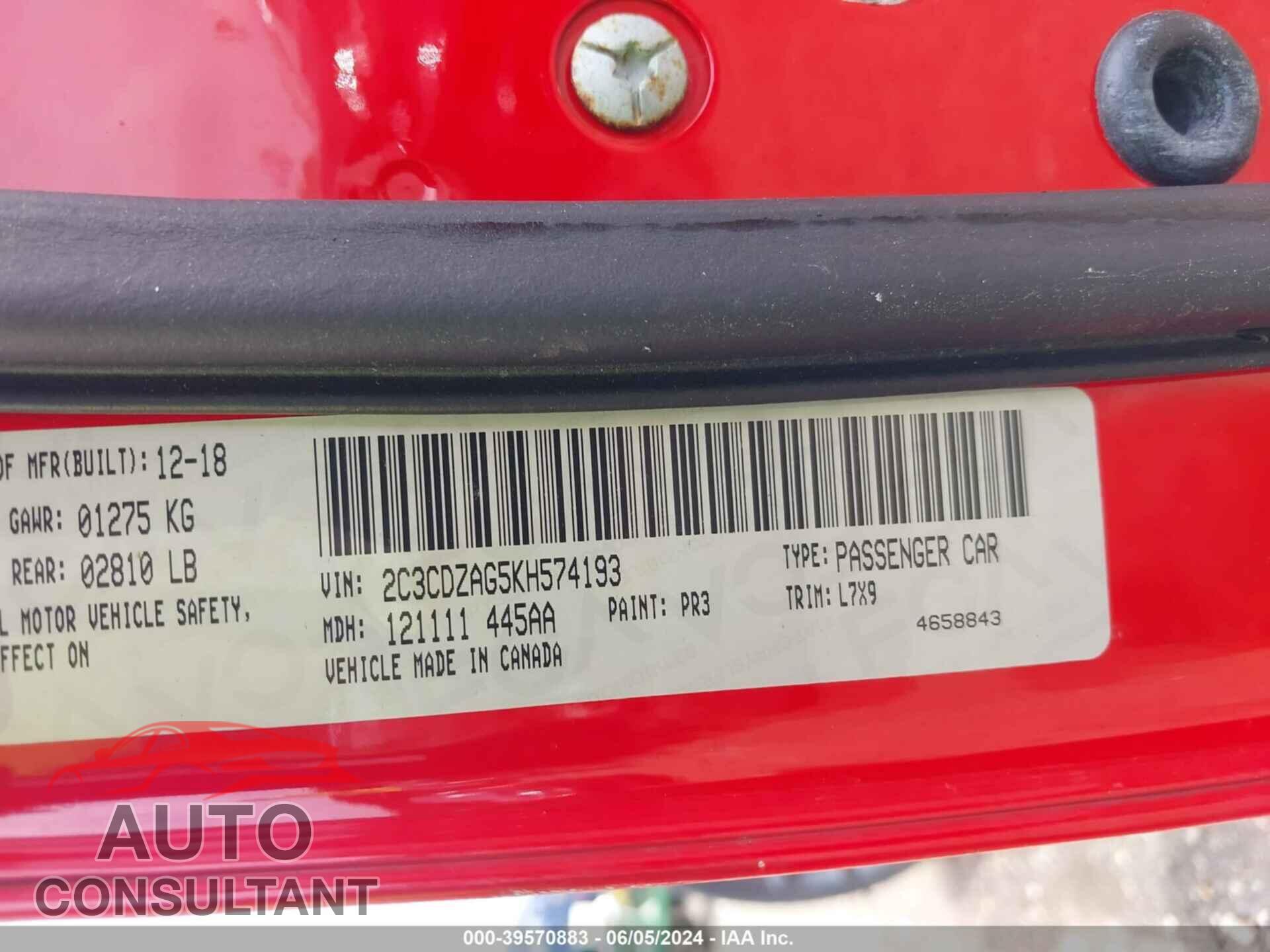 DODGE CHALLENGER 2019 - 2C3CDZAG5KH574193