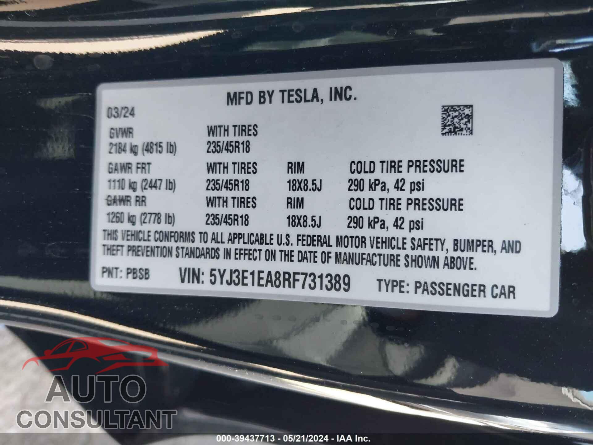 TESLA MODEL 3 2024 - 5YJ3E1EA8RF731389