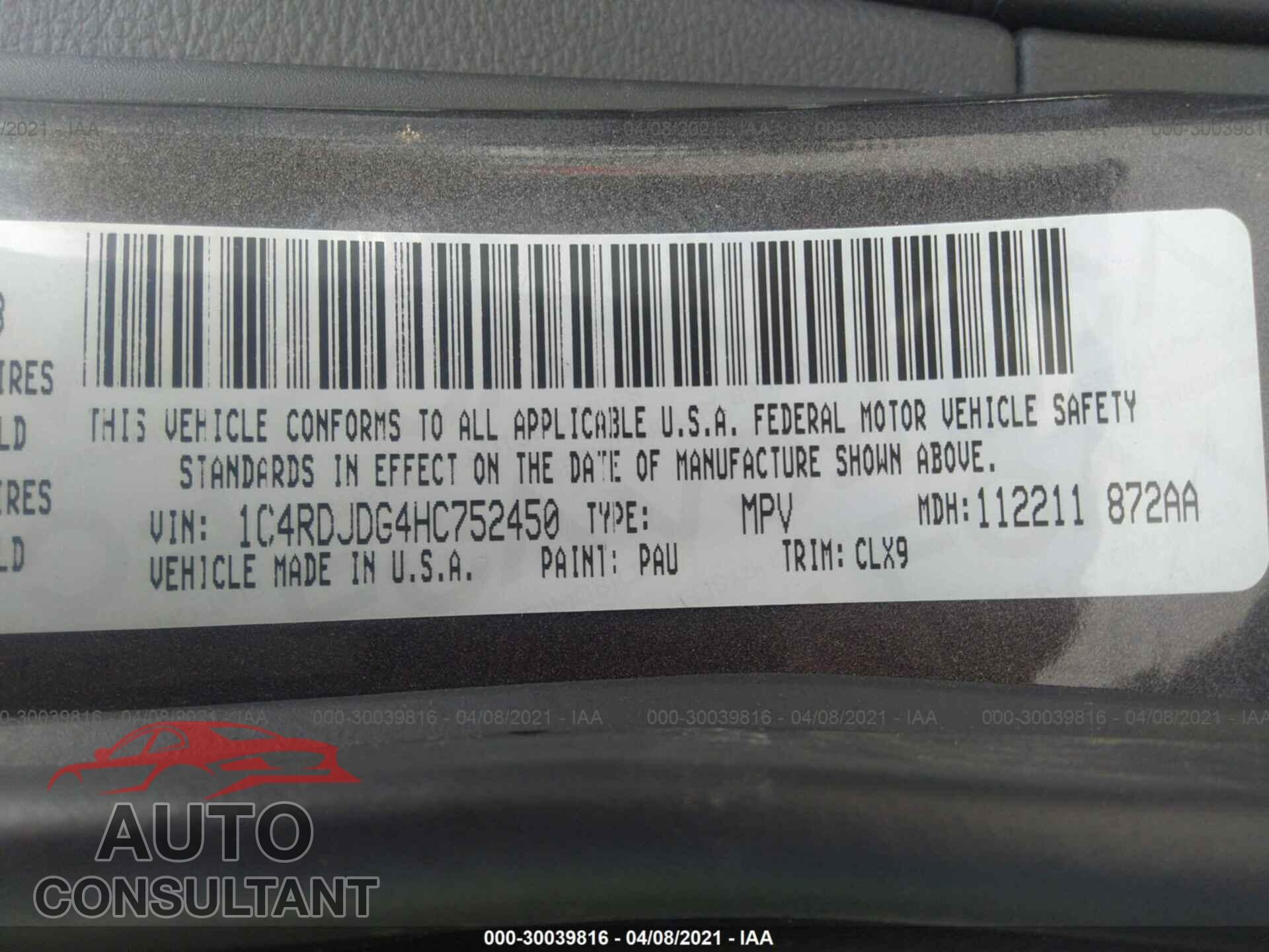 DODGE DURANGO 2017 - 1C4RDJDG4HC752450