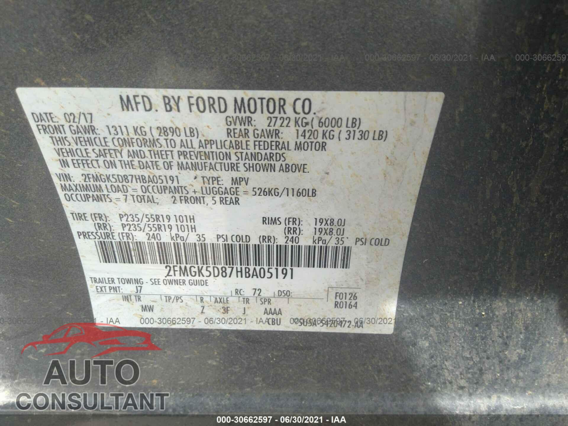 FORD FLEX 2017 - 2FMGK5D87HBA05191