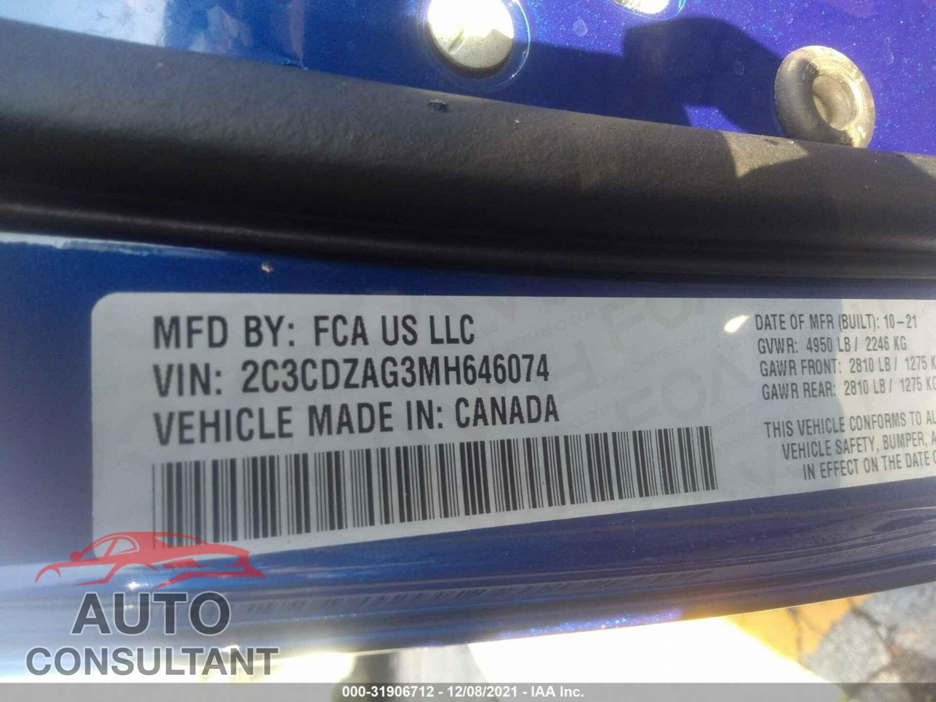 DODGE CHALLENGER 2021 - 2C3CDZAG3MH646074