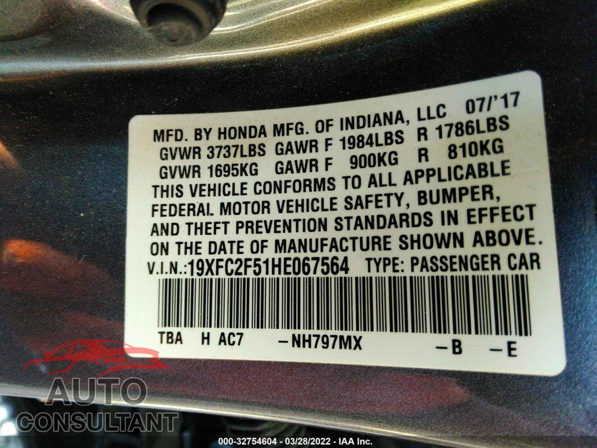 HONDA CIVIC SEDAN 2017 - 19XFC2F51HE067564