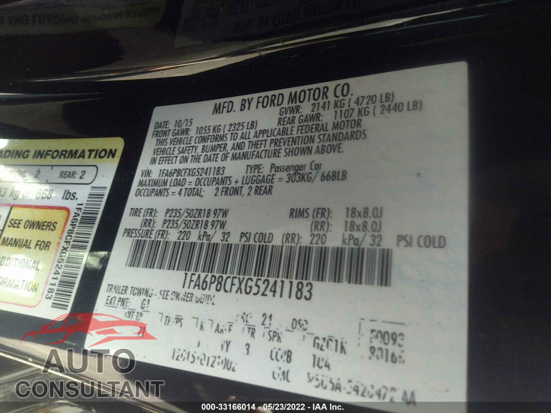 FORD MUSTANG 2016 - 1FA6P8CFXG5241183