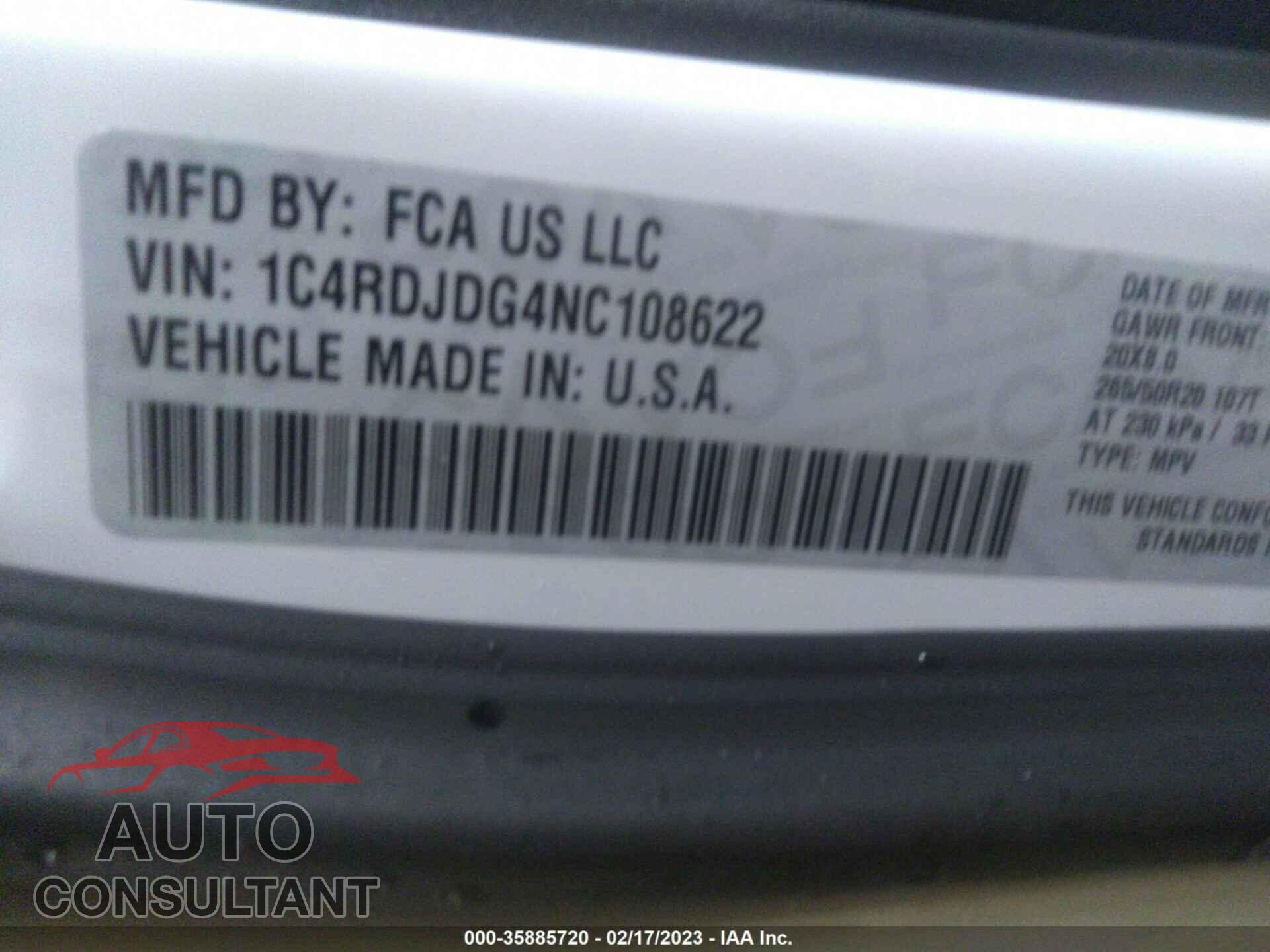 DODGE DURANGO 2022 - 1C4RDJDG4NC108622