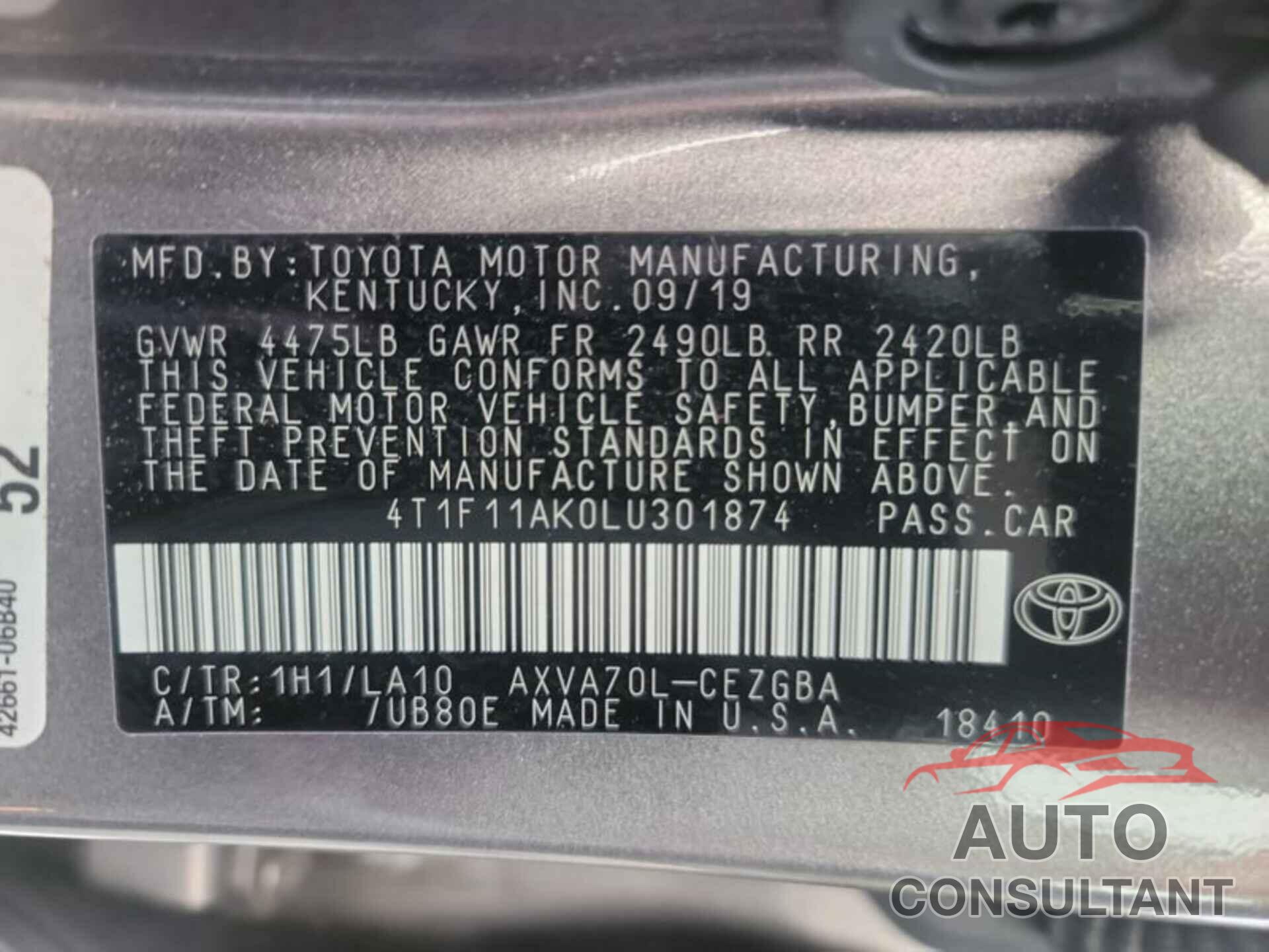 TOYOTA CAMRY 2020 - 4T1F11AK0LU301874