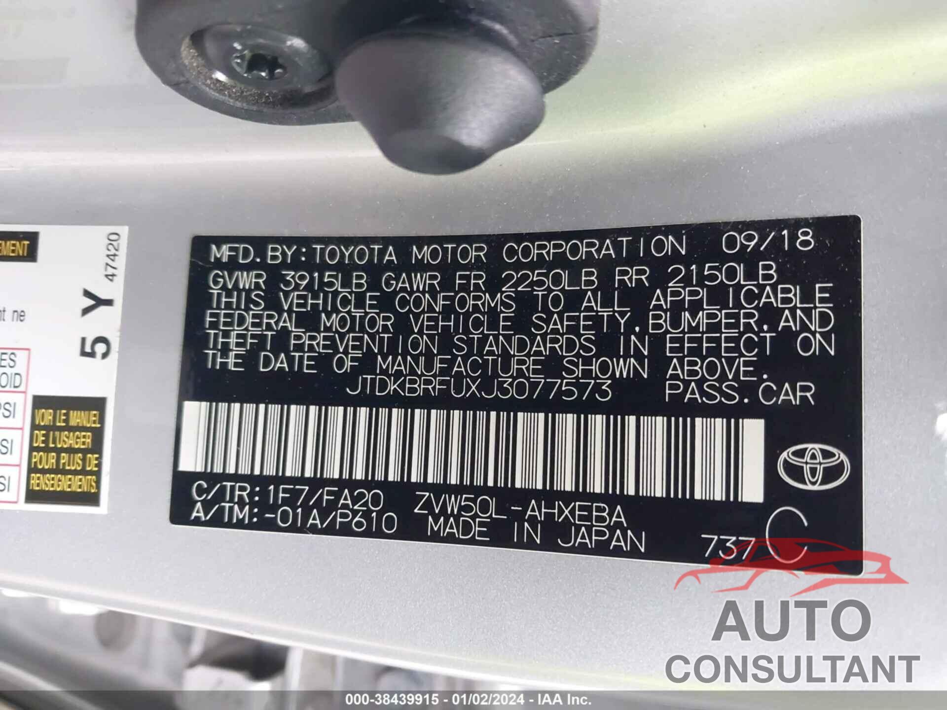 TOYOTA PRIUS 2018 - JTDKBRFUXJ3077573