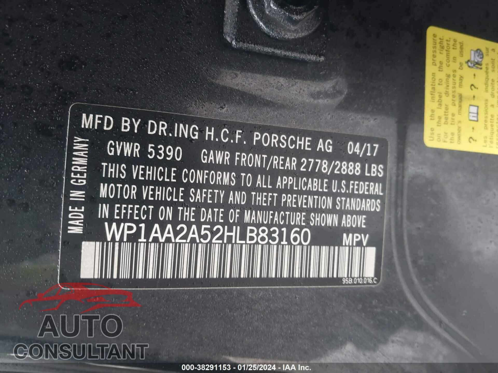 PORSCHE MACAN 2017 - WP1AA2A52HLB83160