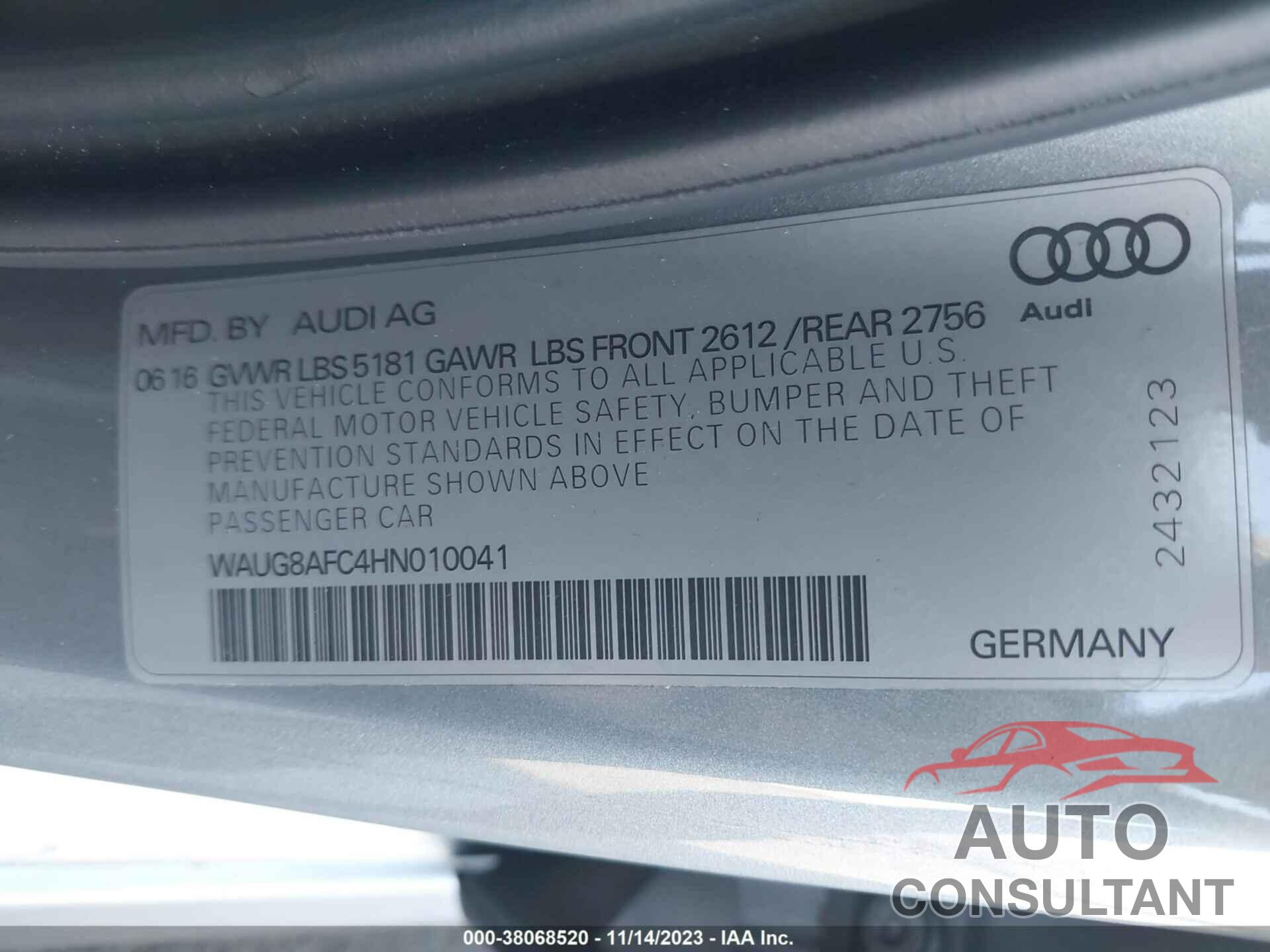 AUDI A6 2017 - WAUG8AFC4HN010041