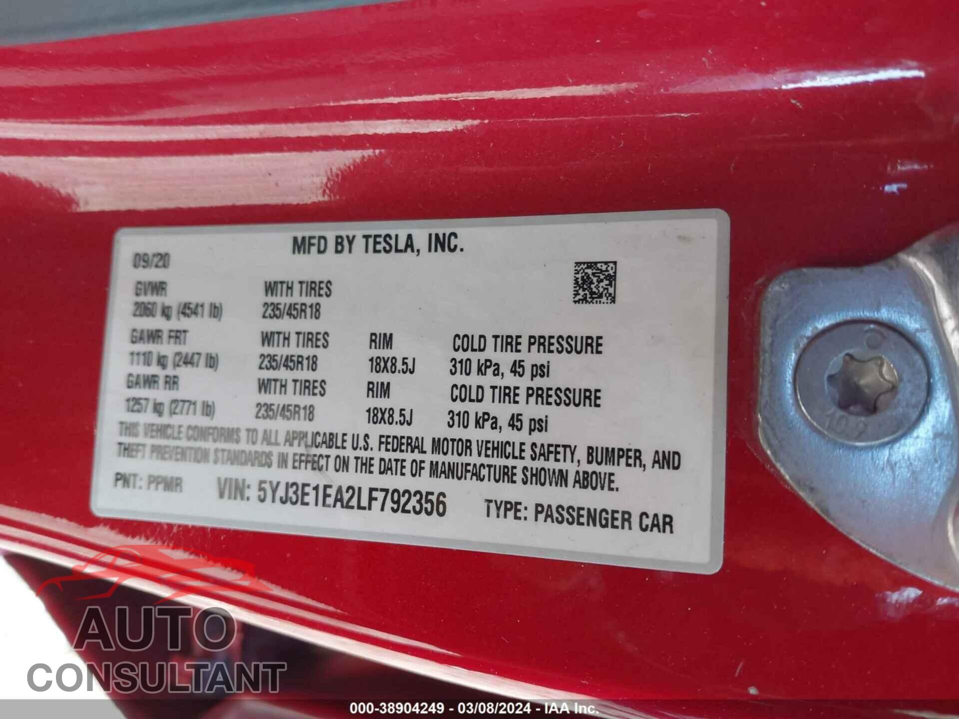 TESLA MODEL 3 2020 - 5YJ3E1EA2LF792356