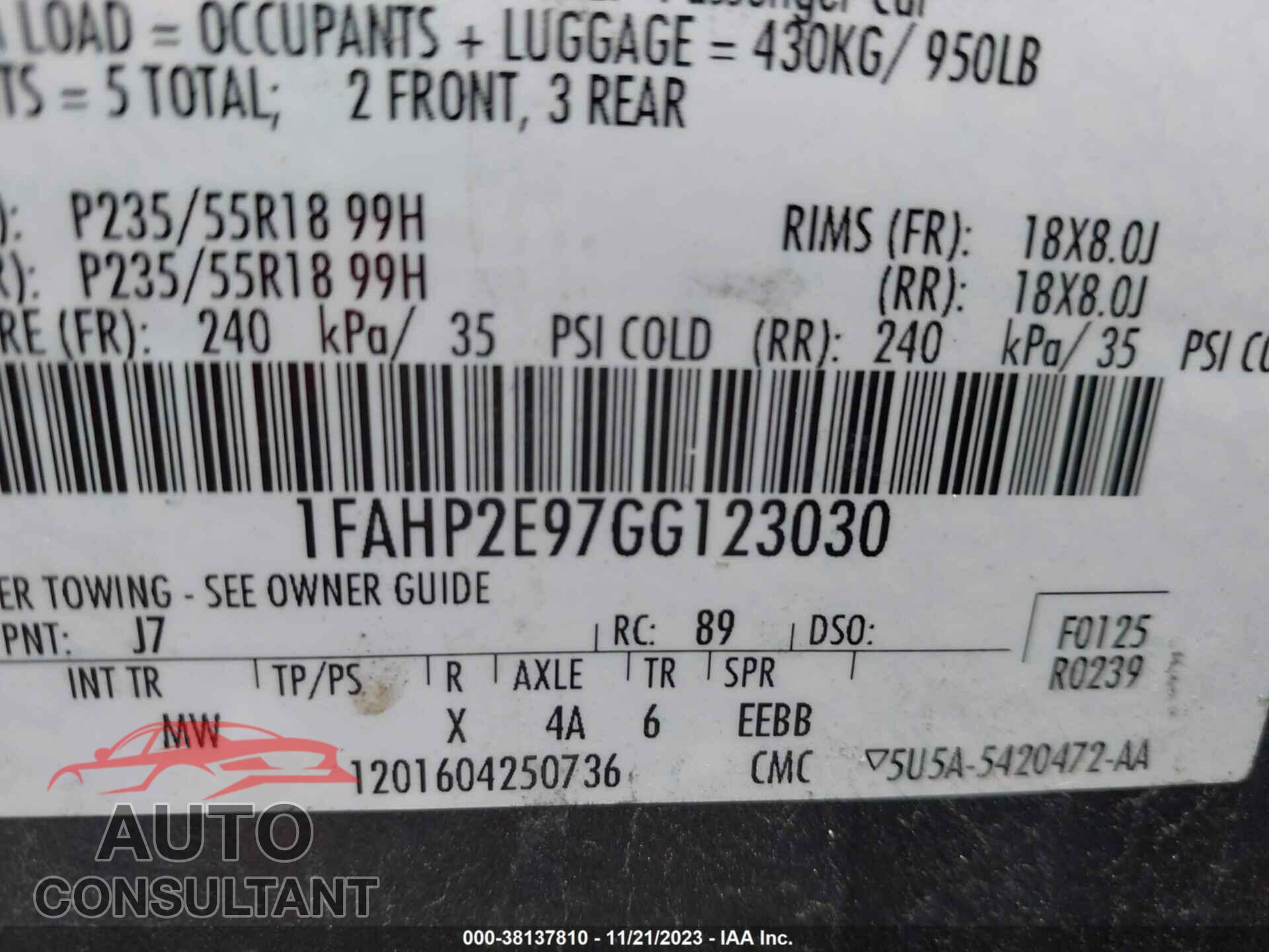 FORD TAURUS 2016 - 1FAHP2E97GG123030