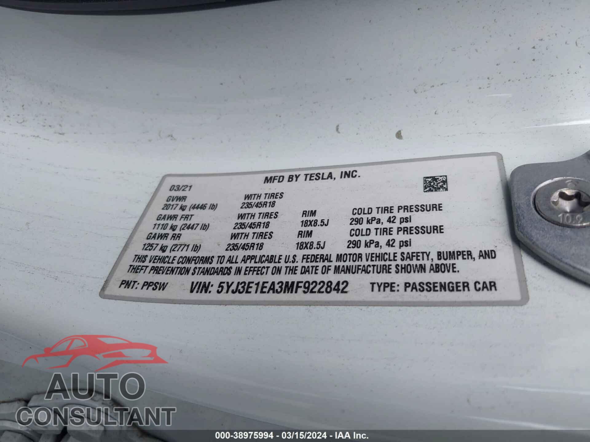 TESLA MODEL 3 2021 - 5YJ3E1EA3MF922842
