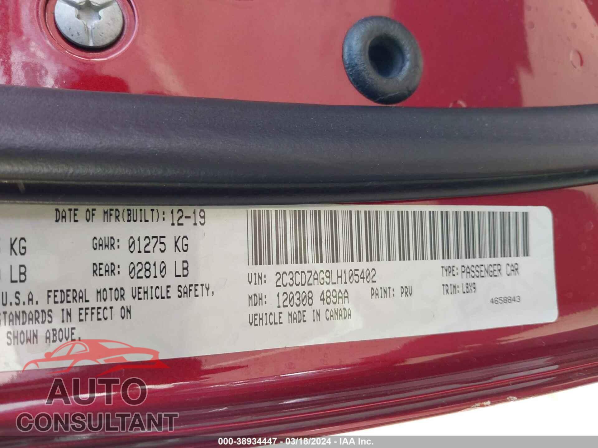 DODGE CHALLENGER 2020 - 2C3CDZAG9LH105402
