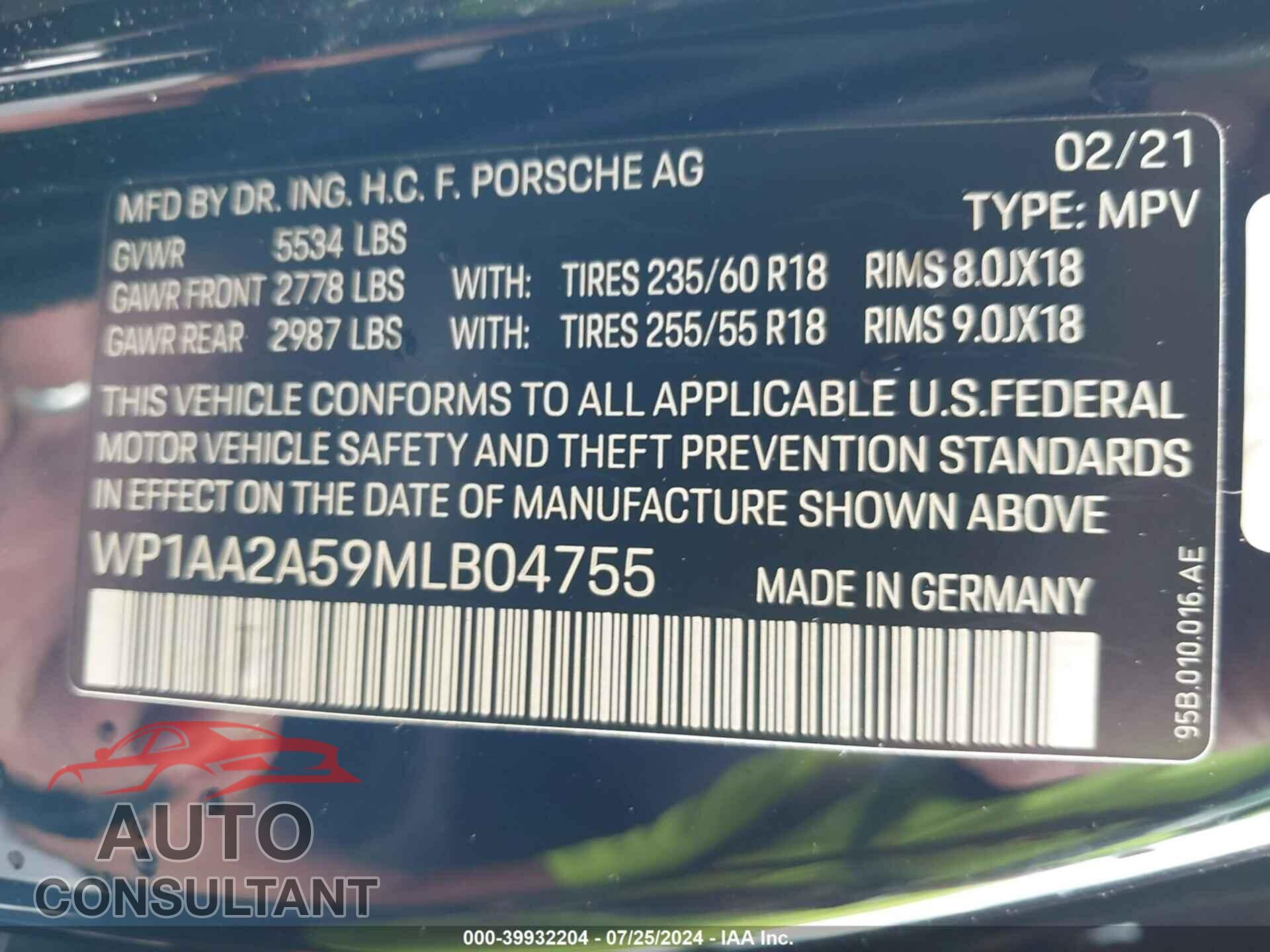 PORSCHE MACAN 2021 - WP1AA2A59MLB04755