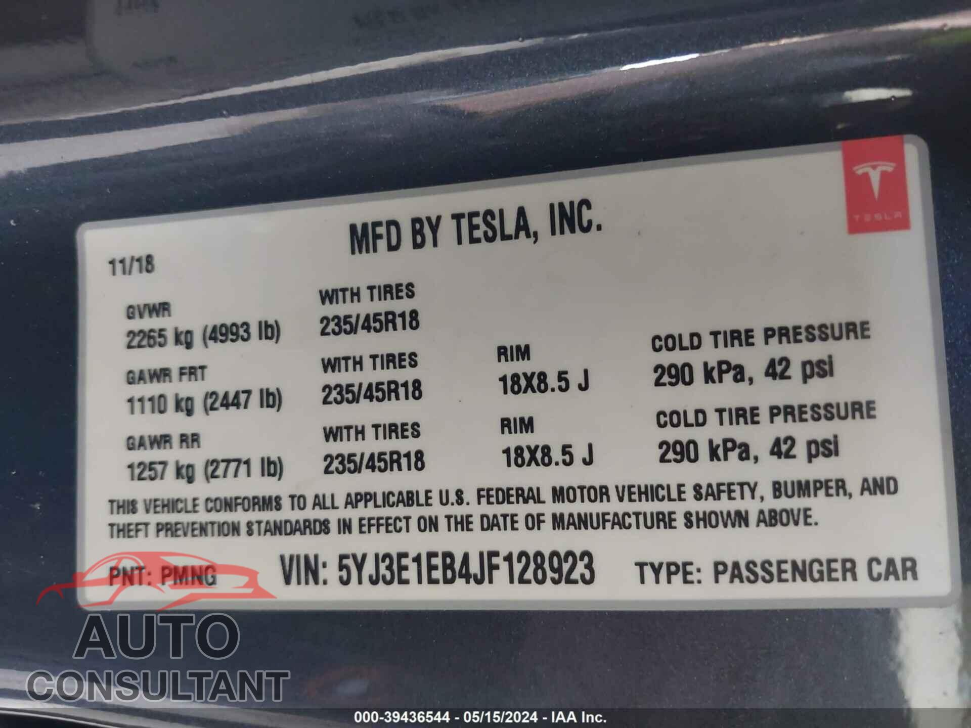 TESLA MODEL 3 2018 - 5YJ3E1EB4JF128923