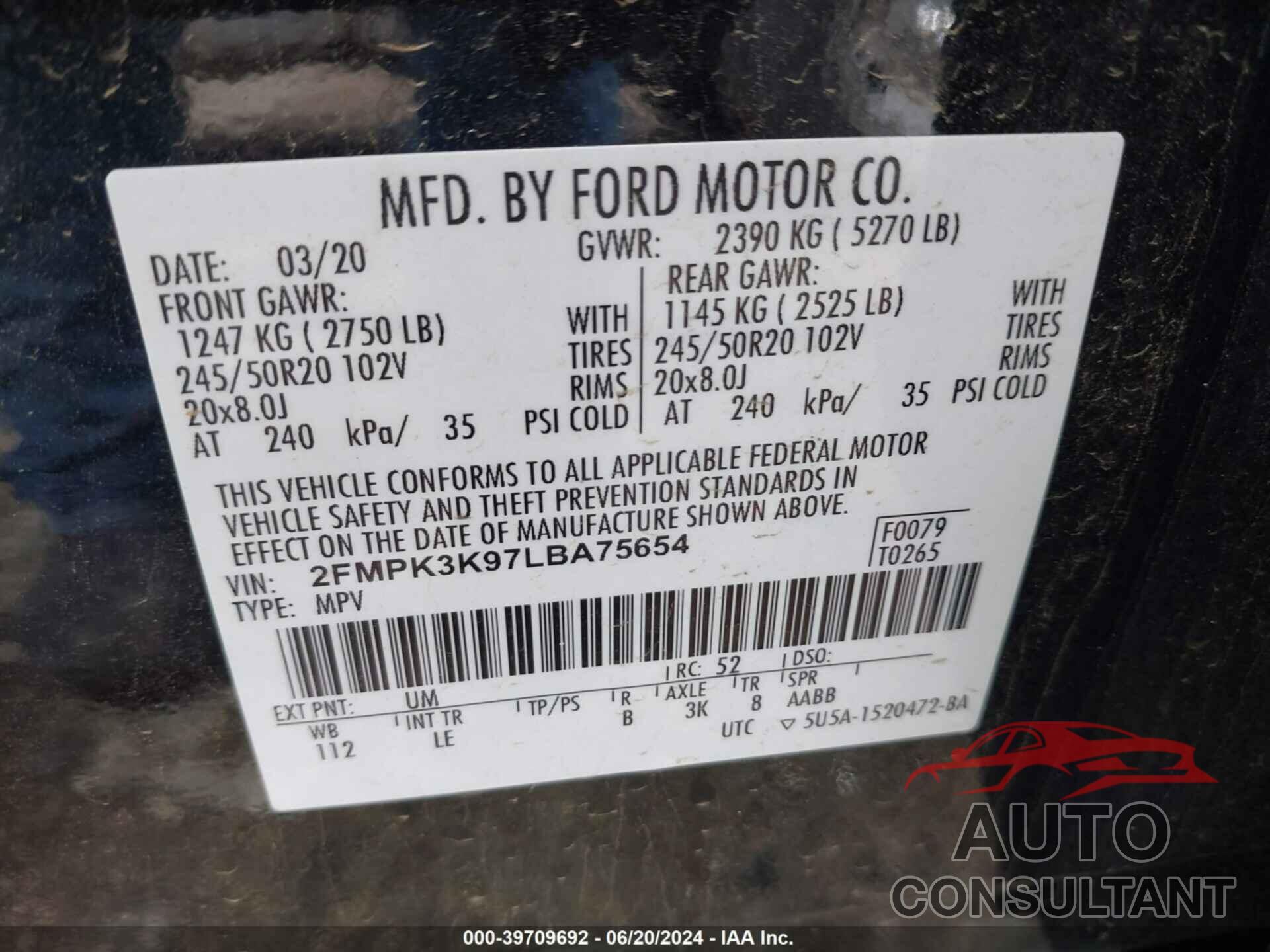 FORD EDGE 2020 - 2FMPK3K97LBA75654