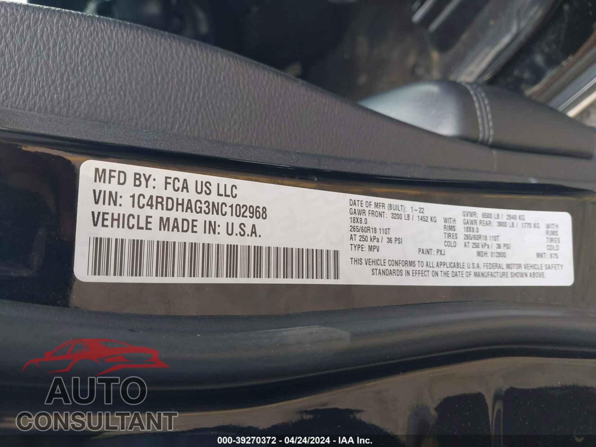 DODGE DURANGO 2022 - 1C4RDHAG3NC102968