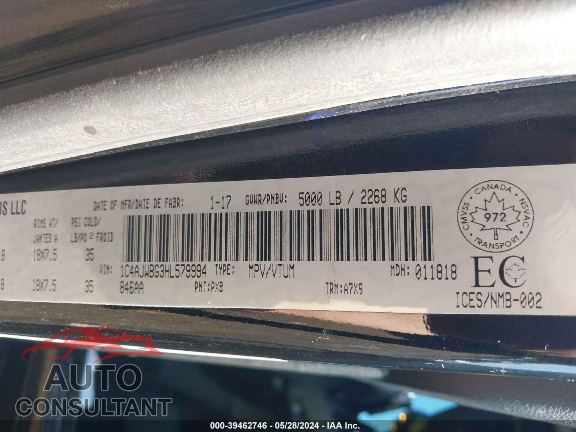 JEEP WRANGLER 2017 - 1C4AJWBG3HL579994