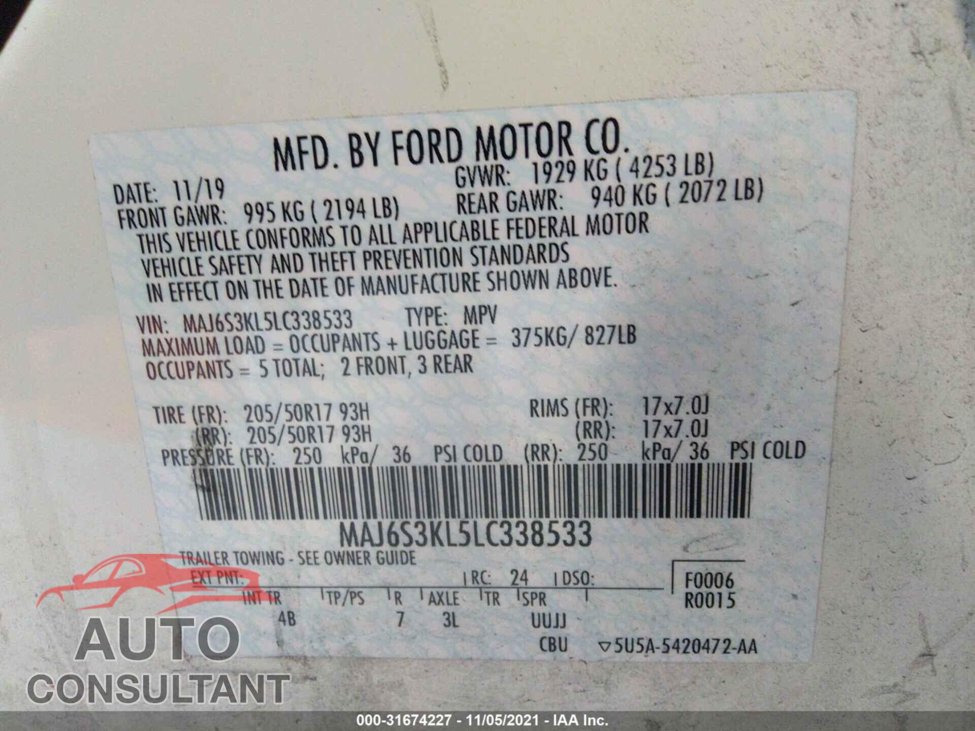FORD ECOSPORT 2020 - MAJ6S3KL5LC338533
