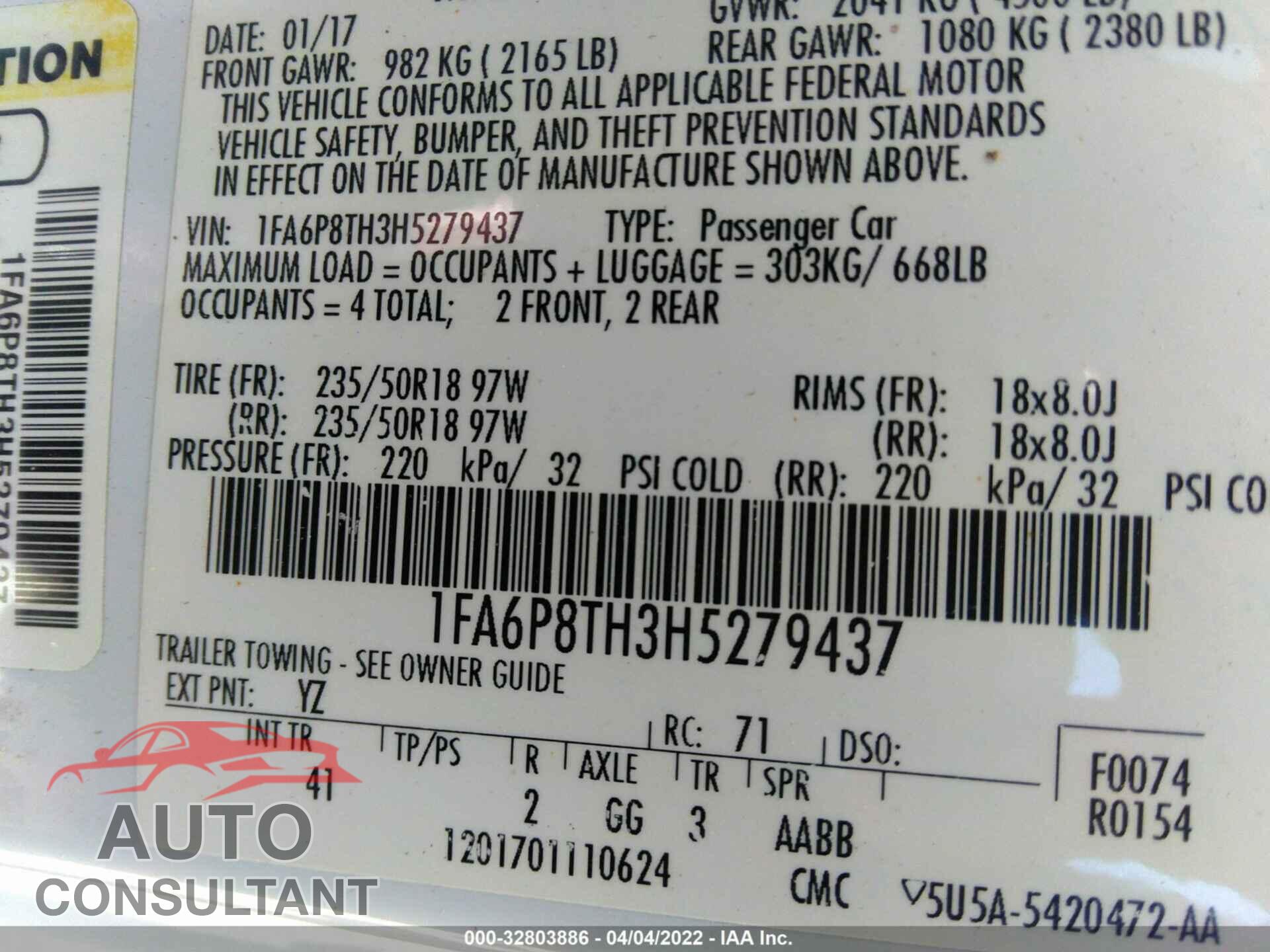 FORD MUSTANG 2017 - 1FA6P8TH3H5279437