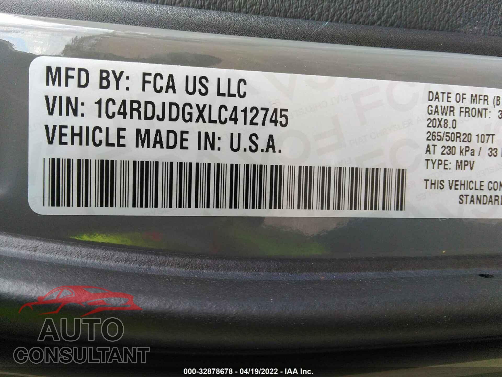 DODGE DURANGO 2020 - 1C4RDJDGXLC412745