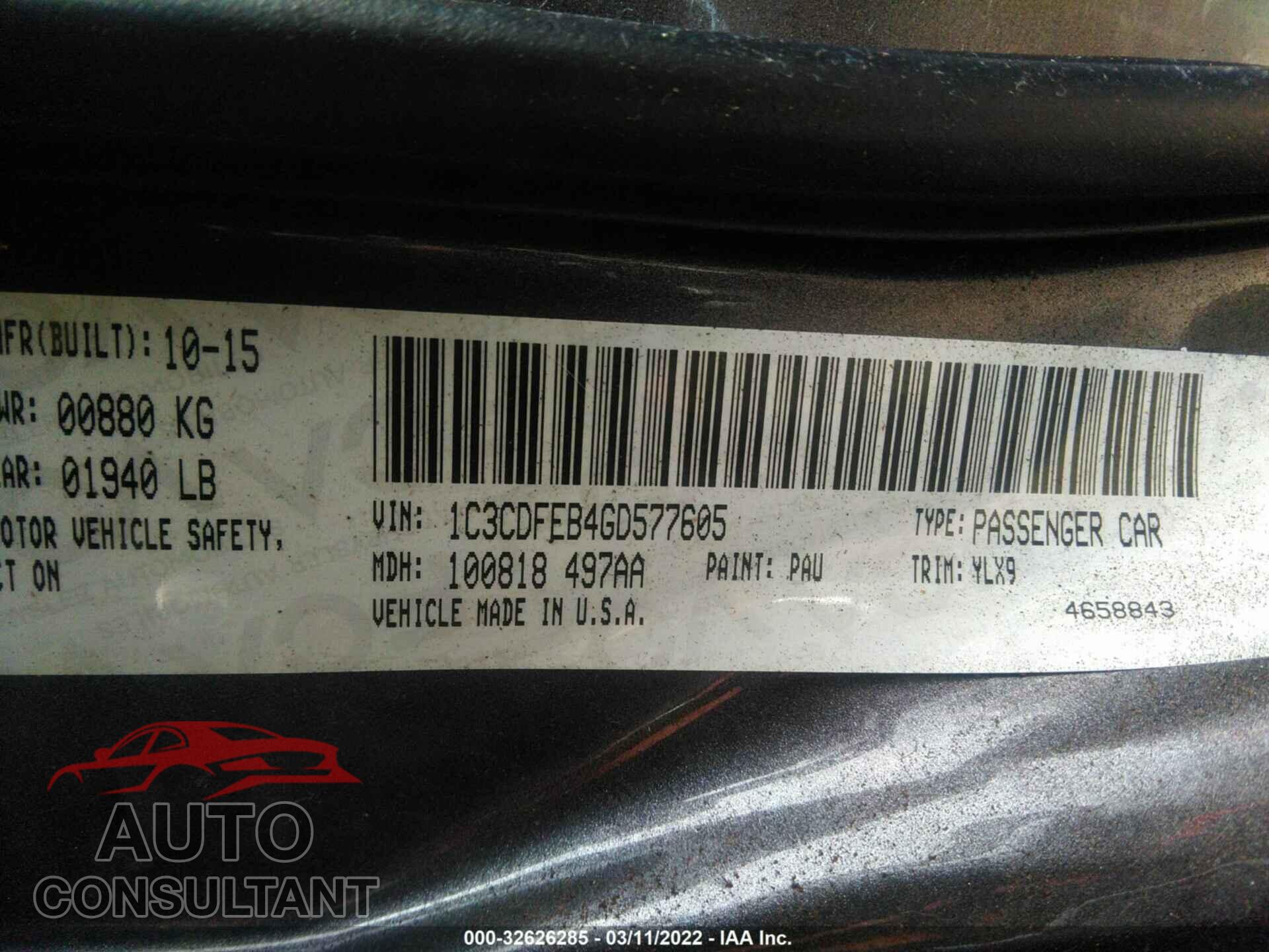 DODGE DART 2016 - 1C3CDFEB4GD577605