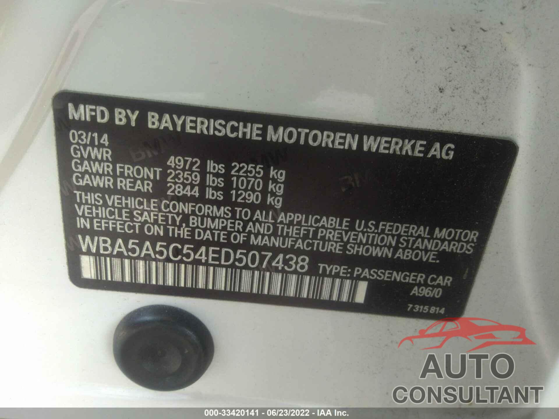 BMW 5 SERIES 2014 - WBA5A5C54ED507438