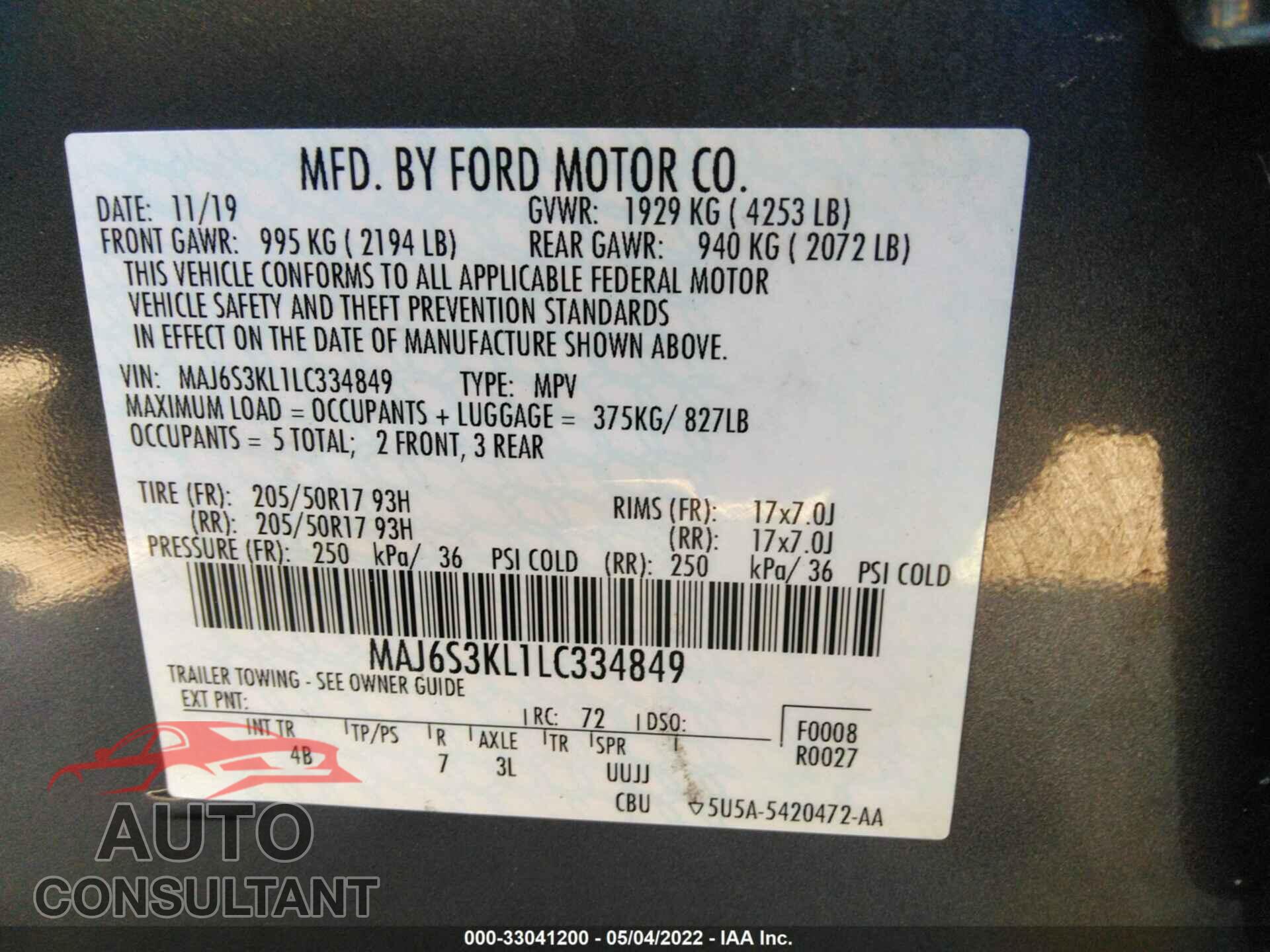 FORD ECOSPORT 2020 - MAJ6S3KL1LC334849