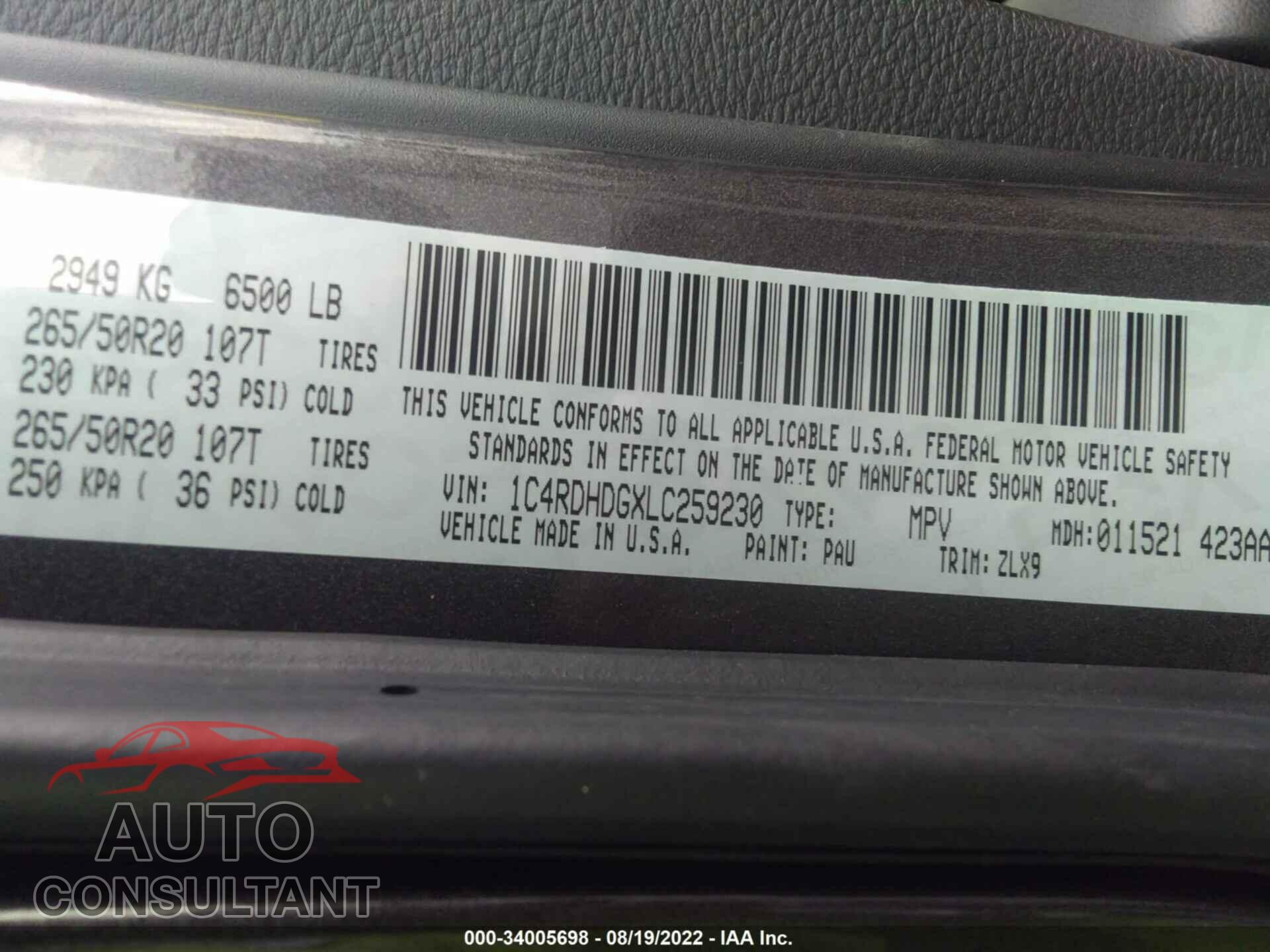 DODGE DURANGO 2020 - 1C4RDHDGXLC259230