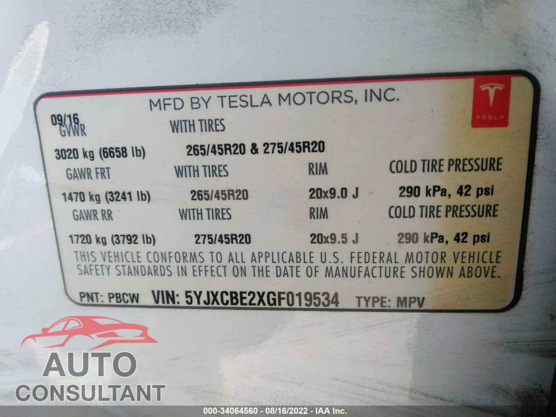 TESLA MODEL X 2016 - 5YJXCBE2XGF019534