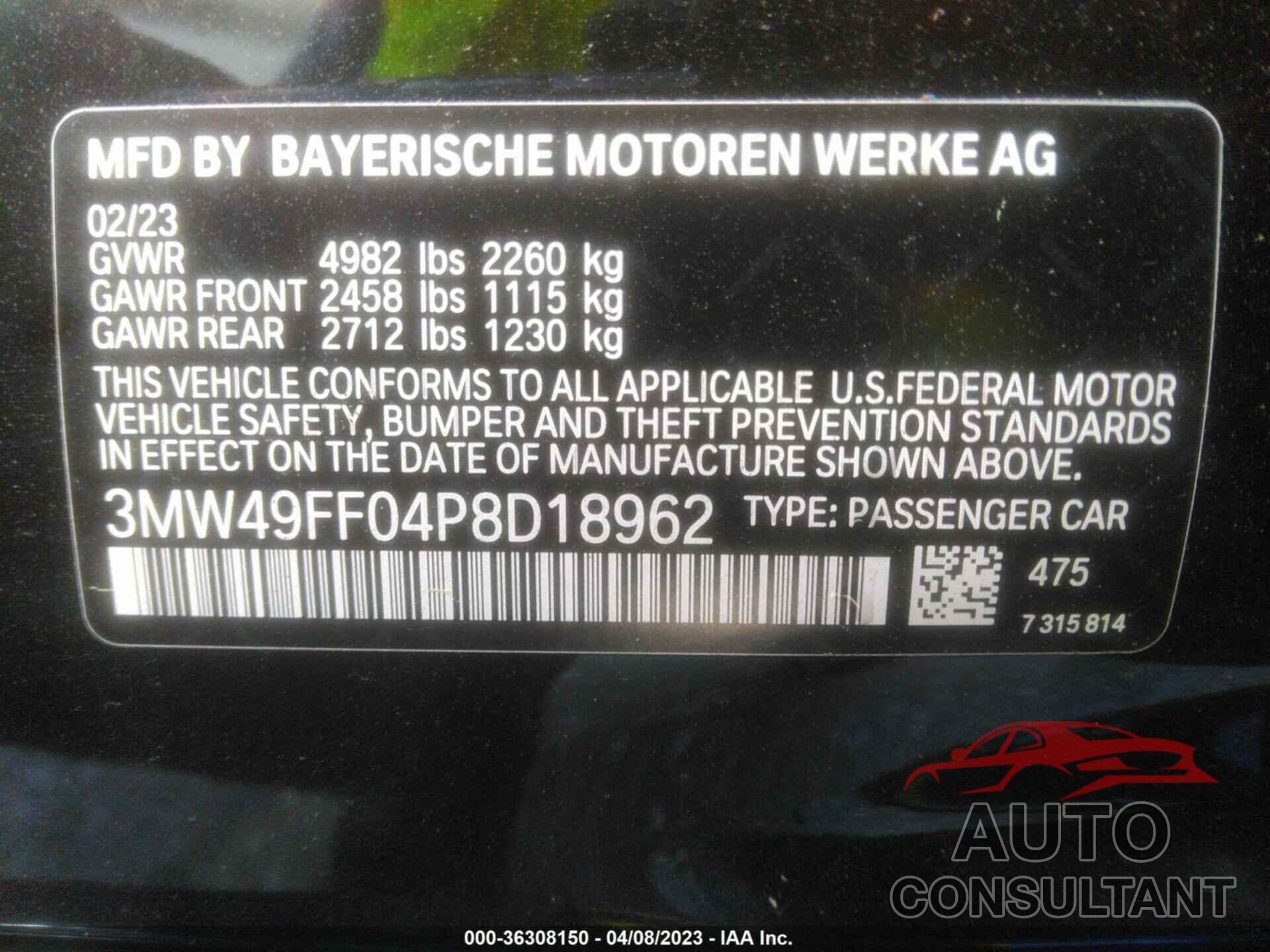 BMW 3 SERIES 2023 - 3MW49FF04P8D18962