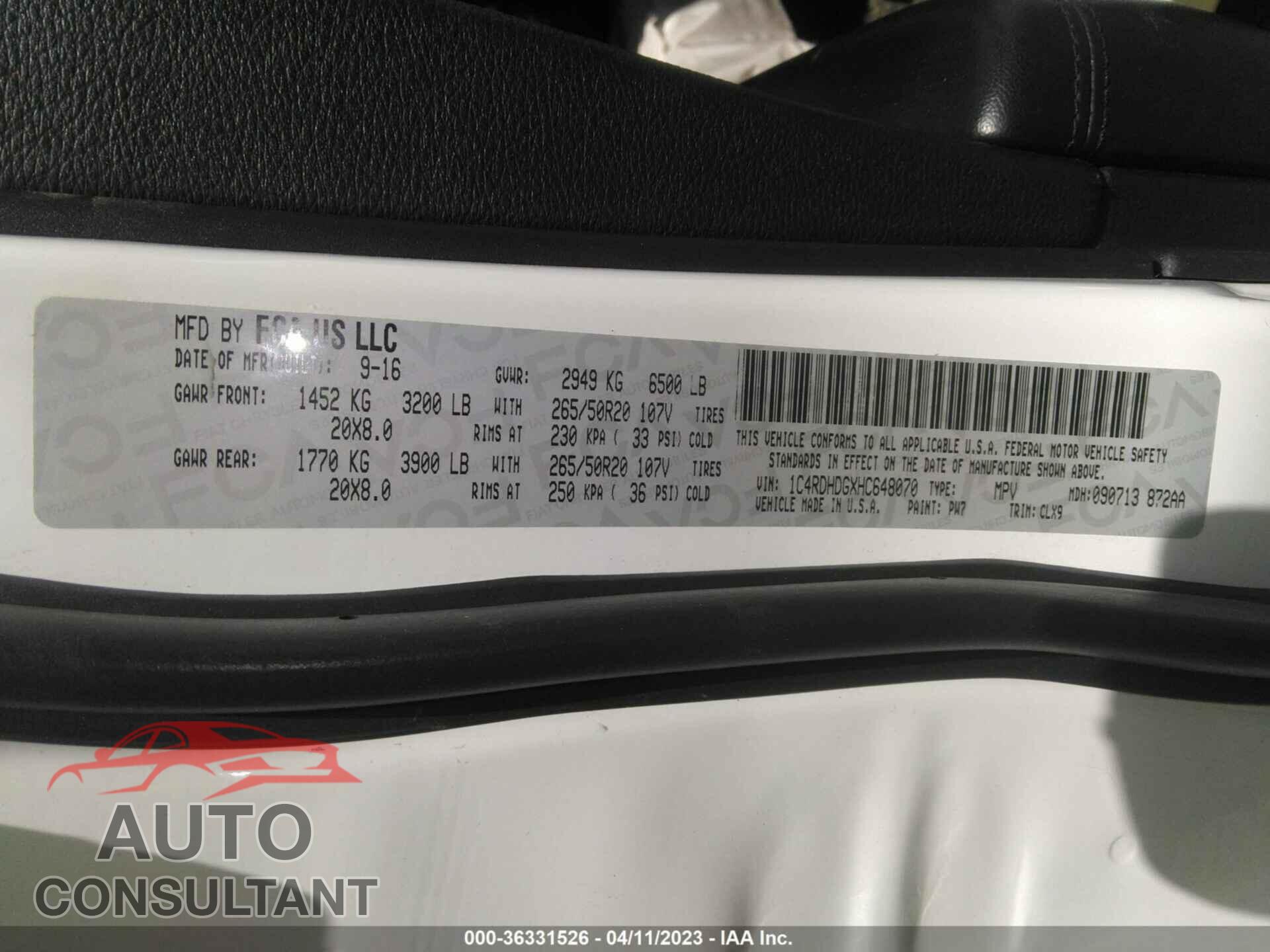 DODGE DURANGO 2017 - 1C4RDHDGXHC648070