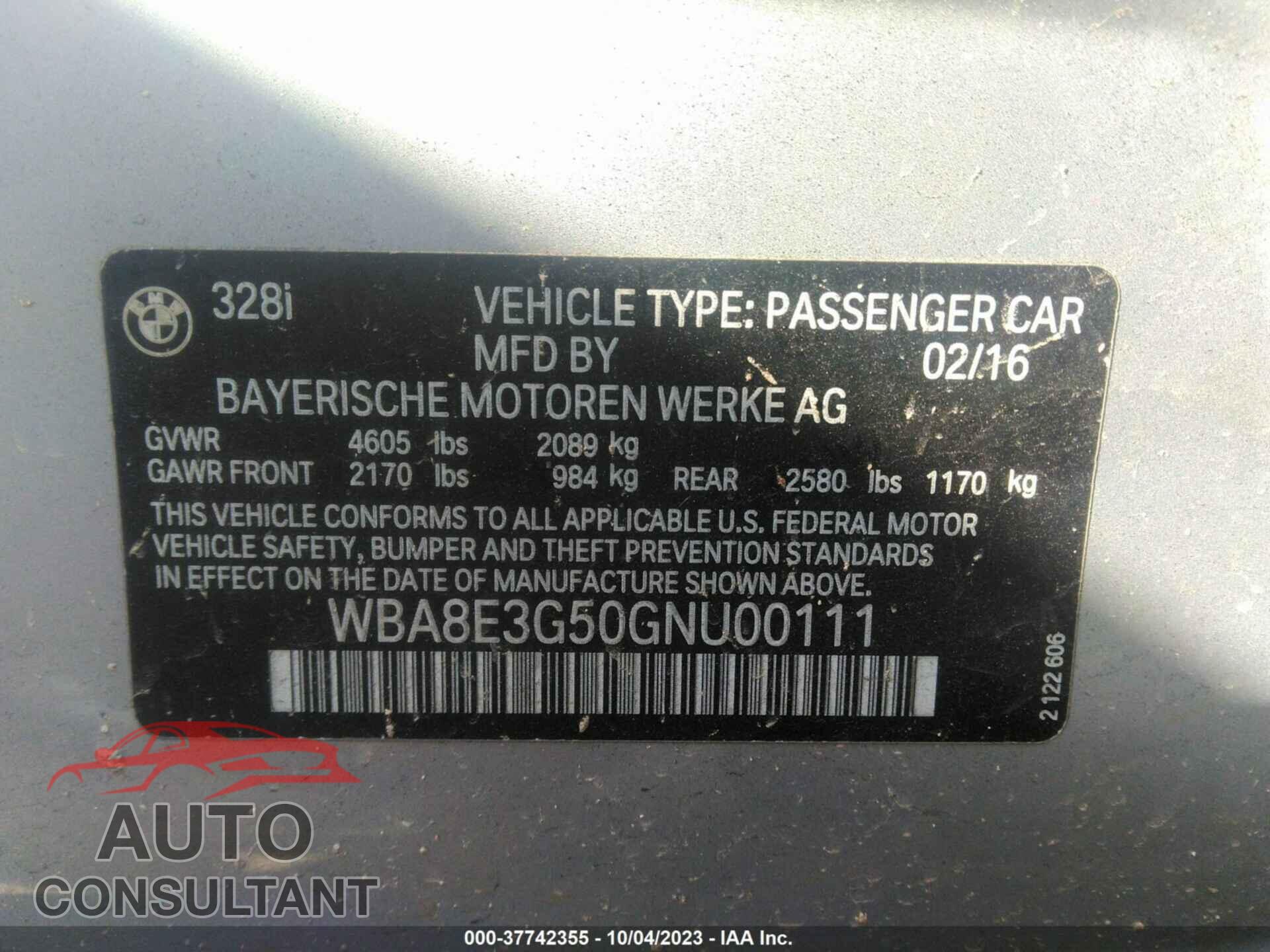 BMW 328I 2016 - WBA8E3G50GNU00111