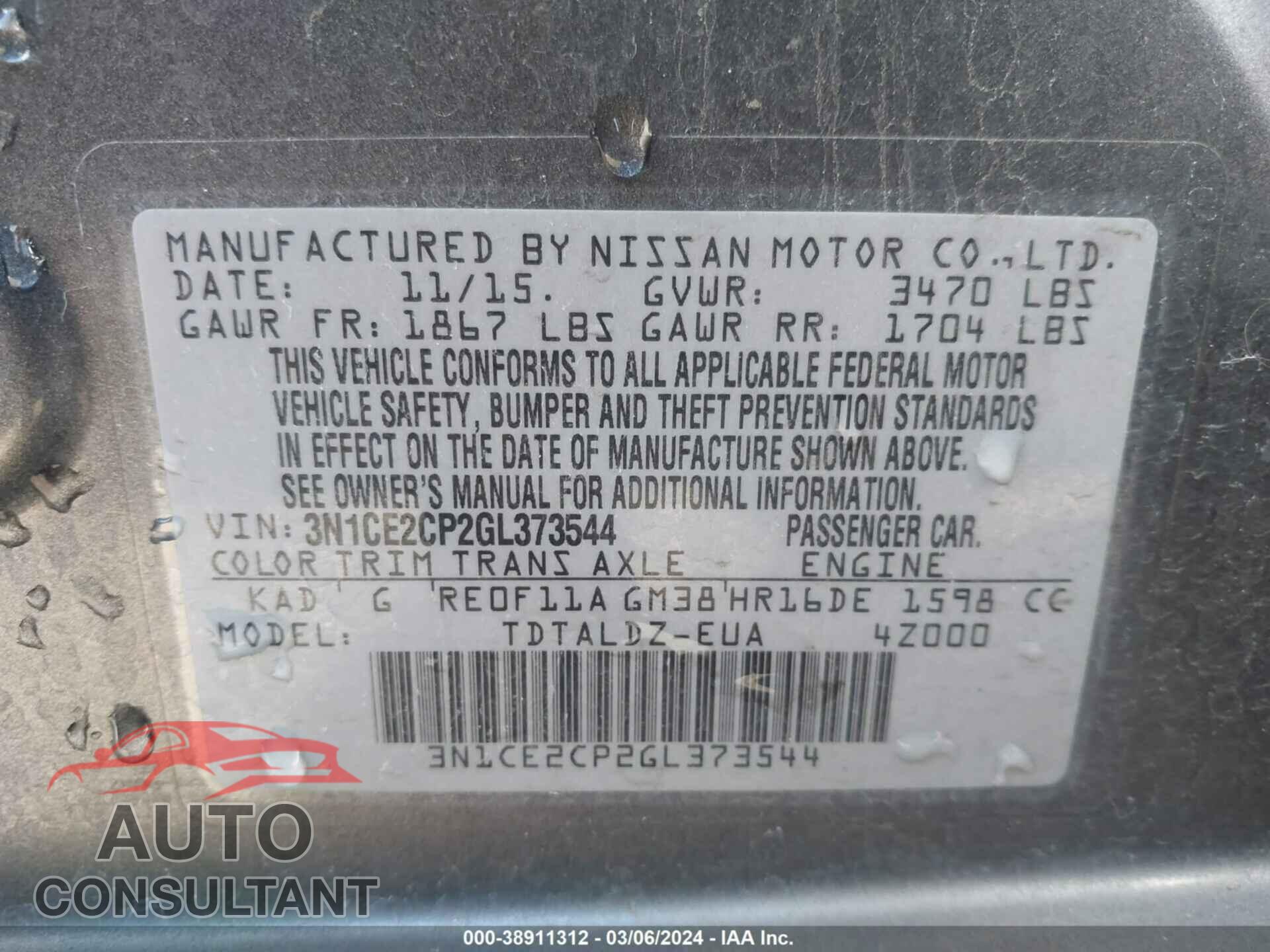NISSAN VERSA NOTE 2016 - 3N1CE2CP2GL373544