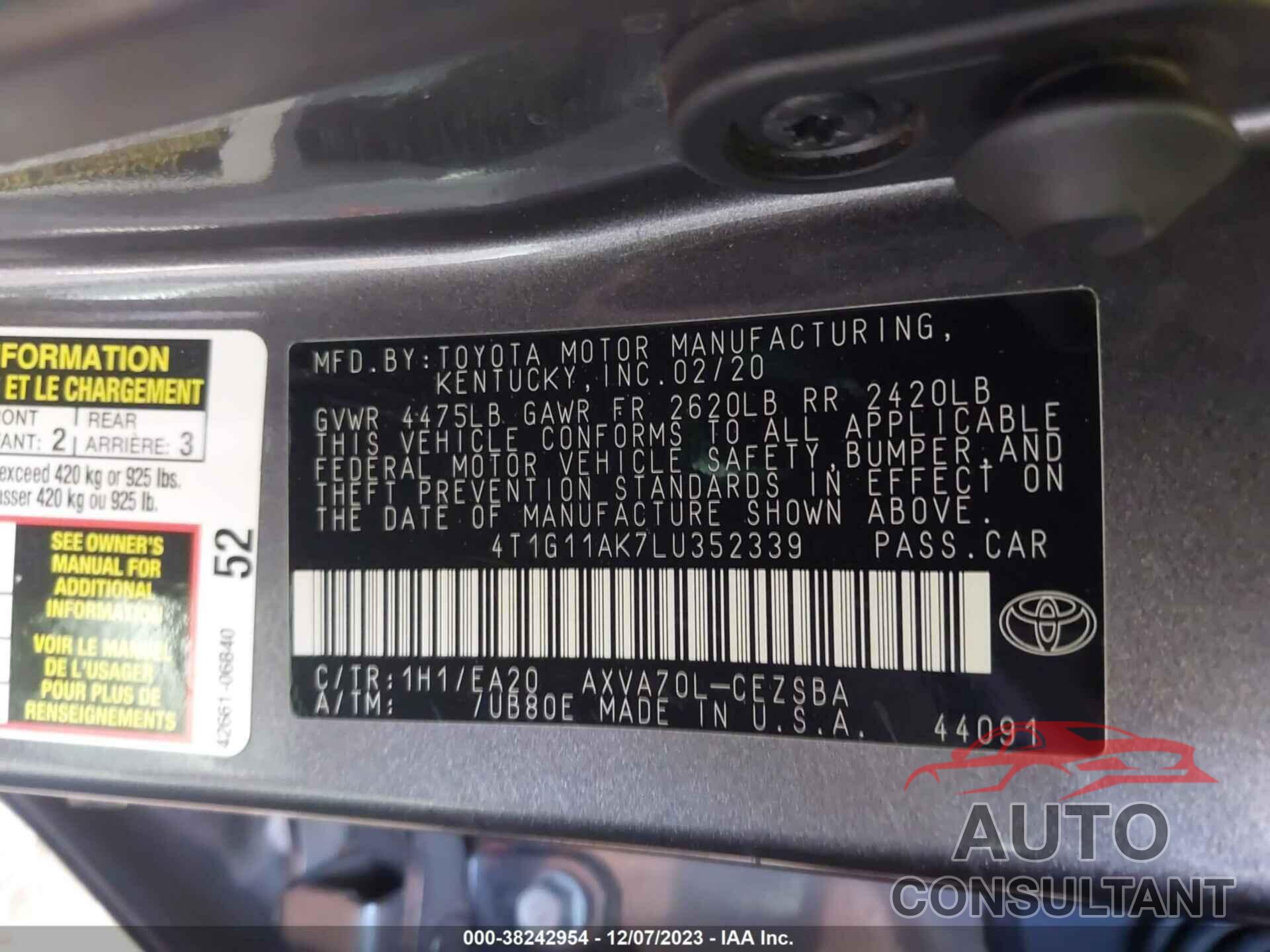 TOYOTA CAMRY 2020 - 4T1G11AK7LU352339