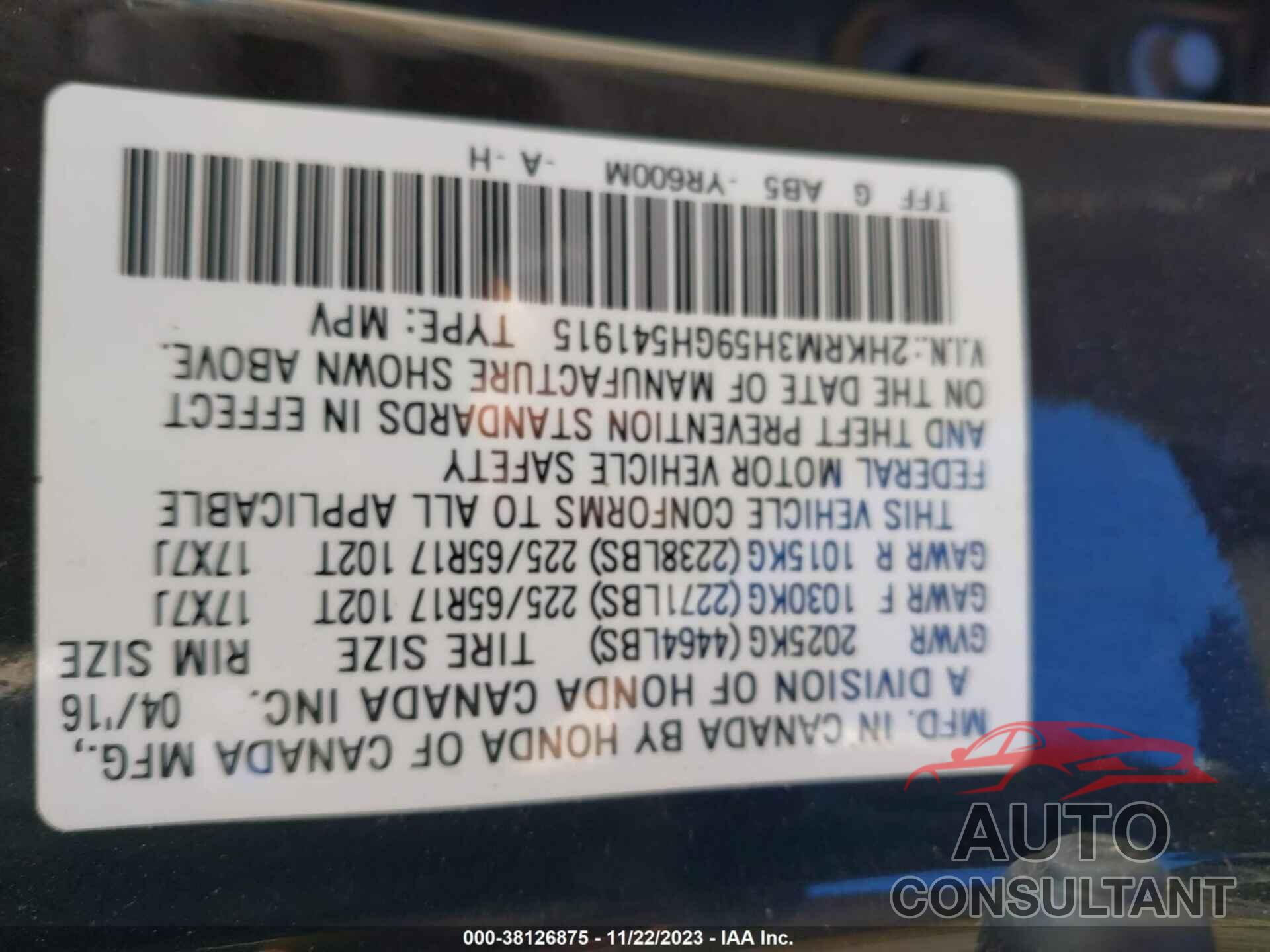 HONDA CR-V 2016 - 2HKRM3H59GH541915