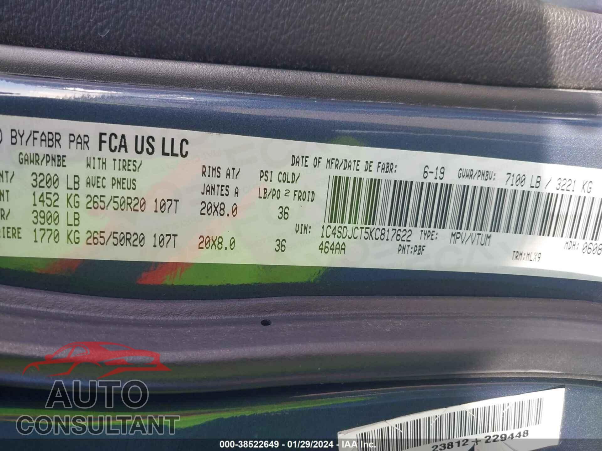 DODGE DURANGO 2019 - 1C4SDJCT5KC817622