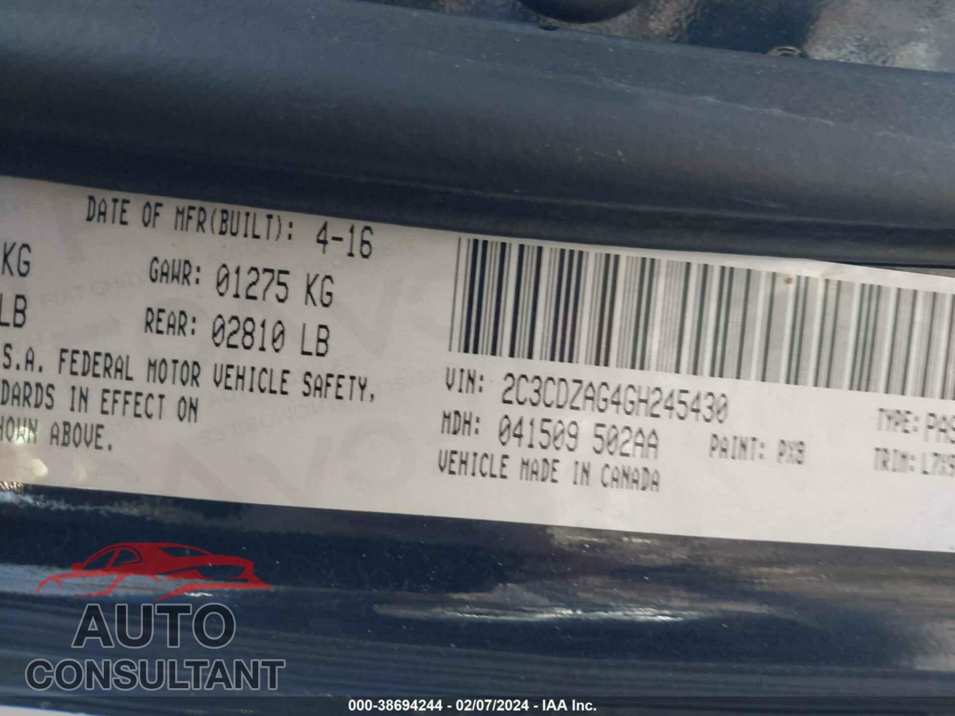 DODGE CHALLENGER 2016 - 2C3CDZAG4GH245430