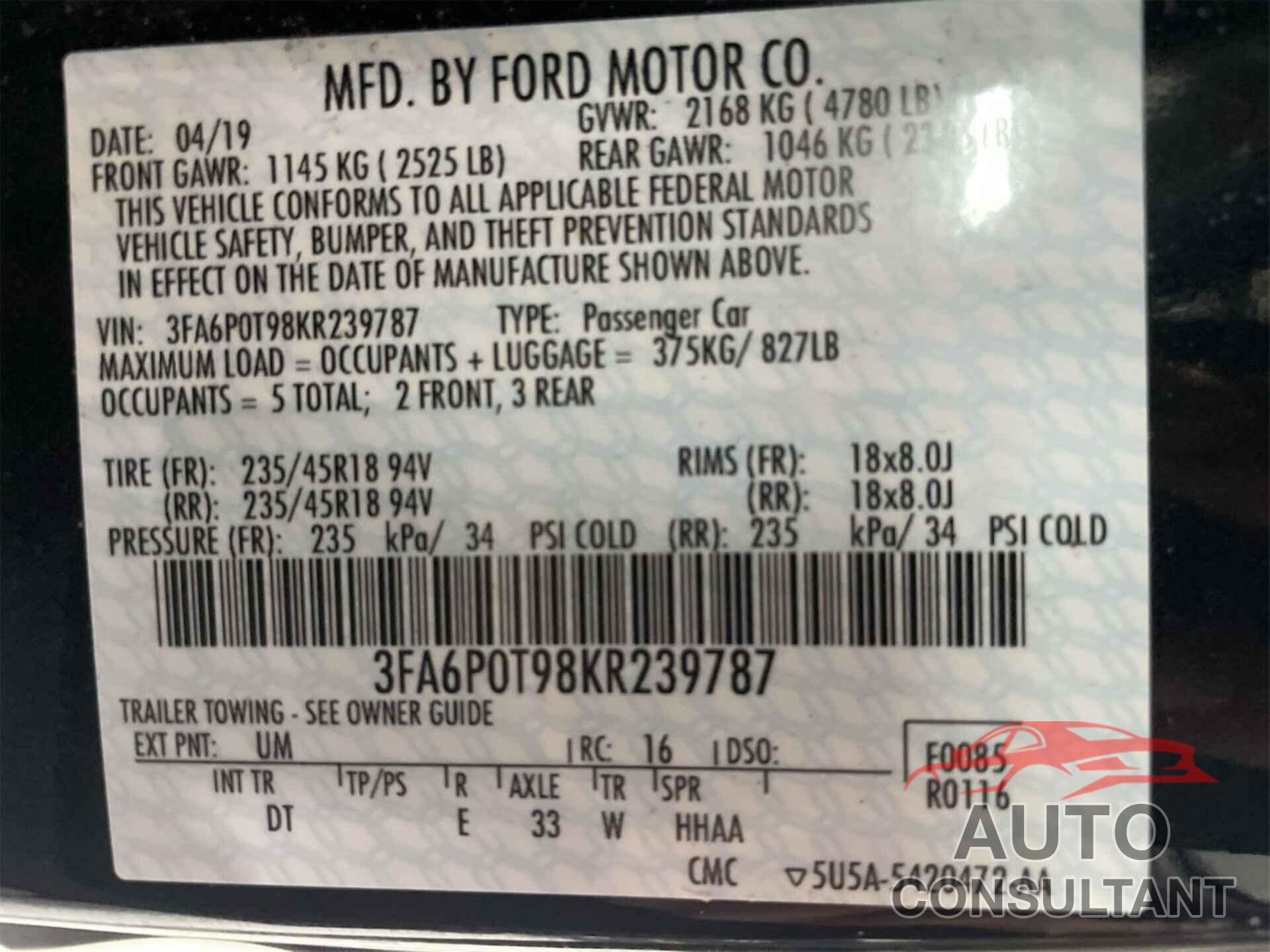 FORD FUSION 2019 - 3FA6P0T98KR239787