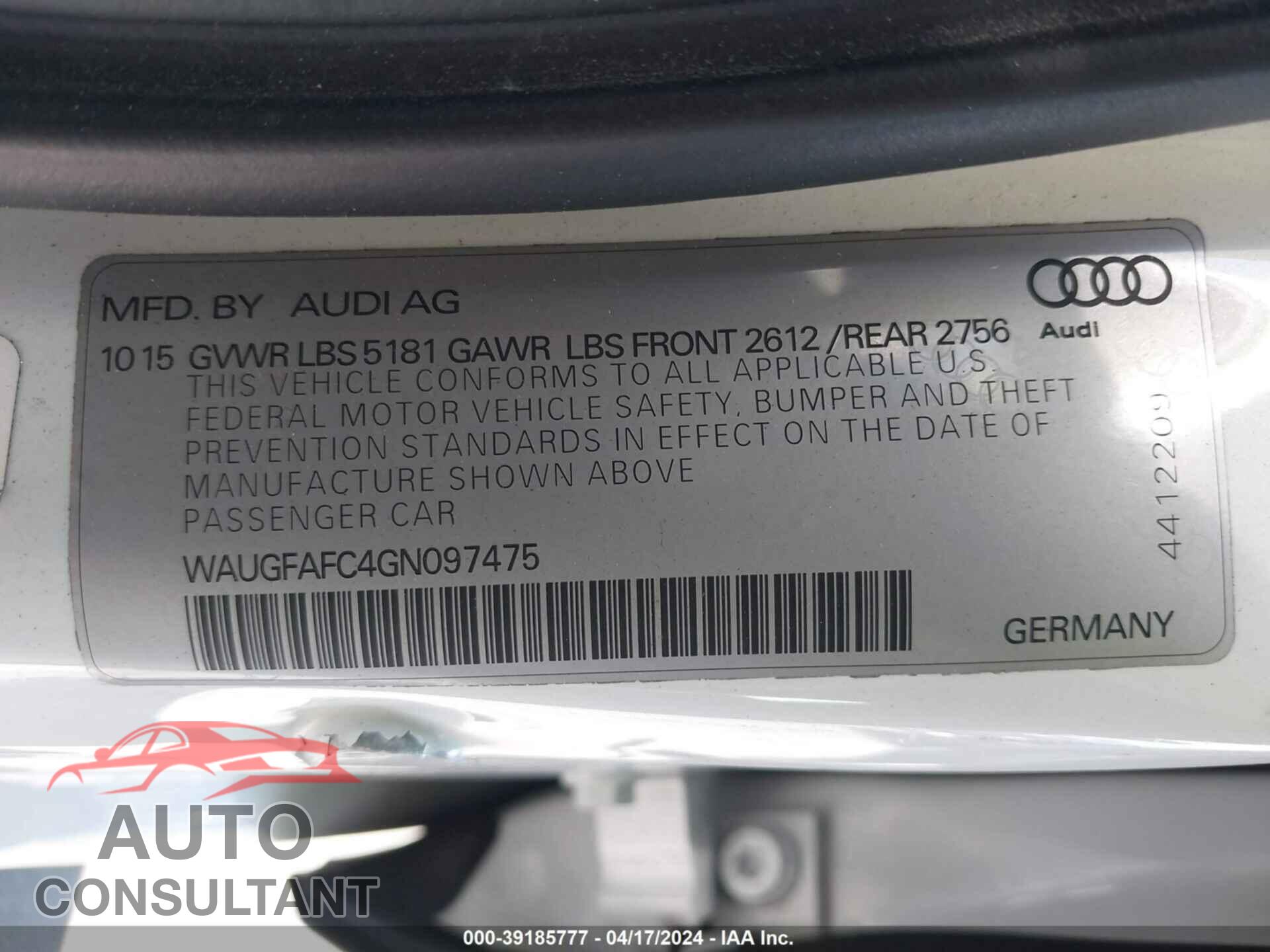 AUDI A6 2016 - WAUGFAFC4GN097475