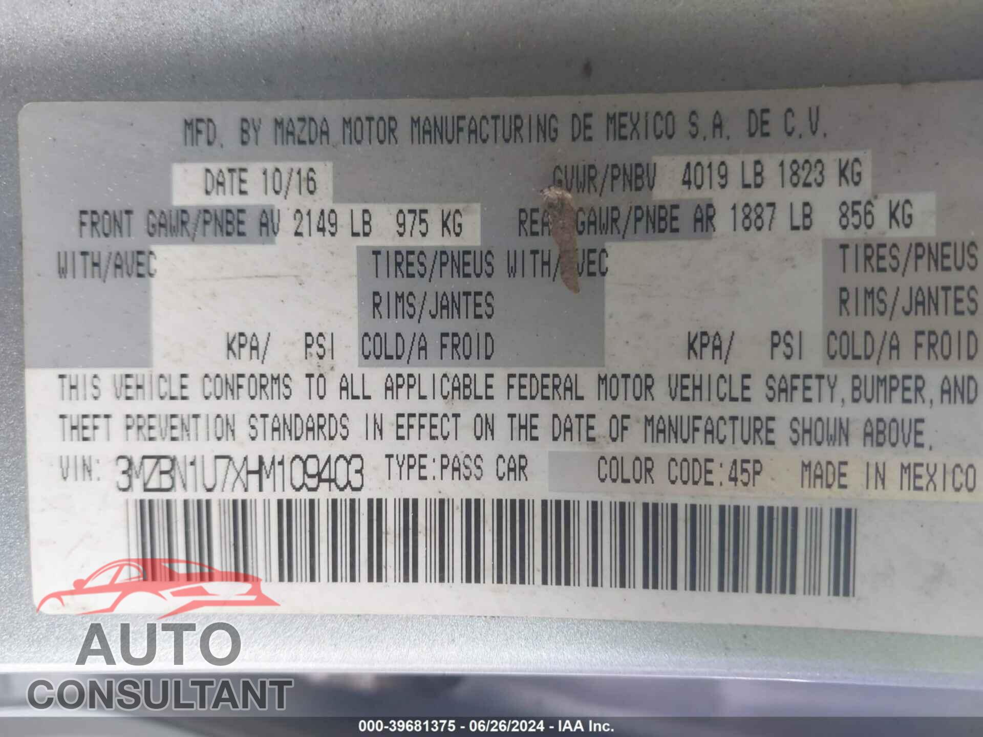 MAZDA MAZDA3 2017 - 3MZBN1U7XHM109403