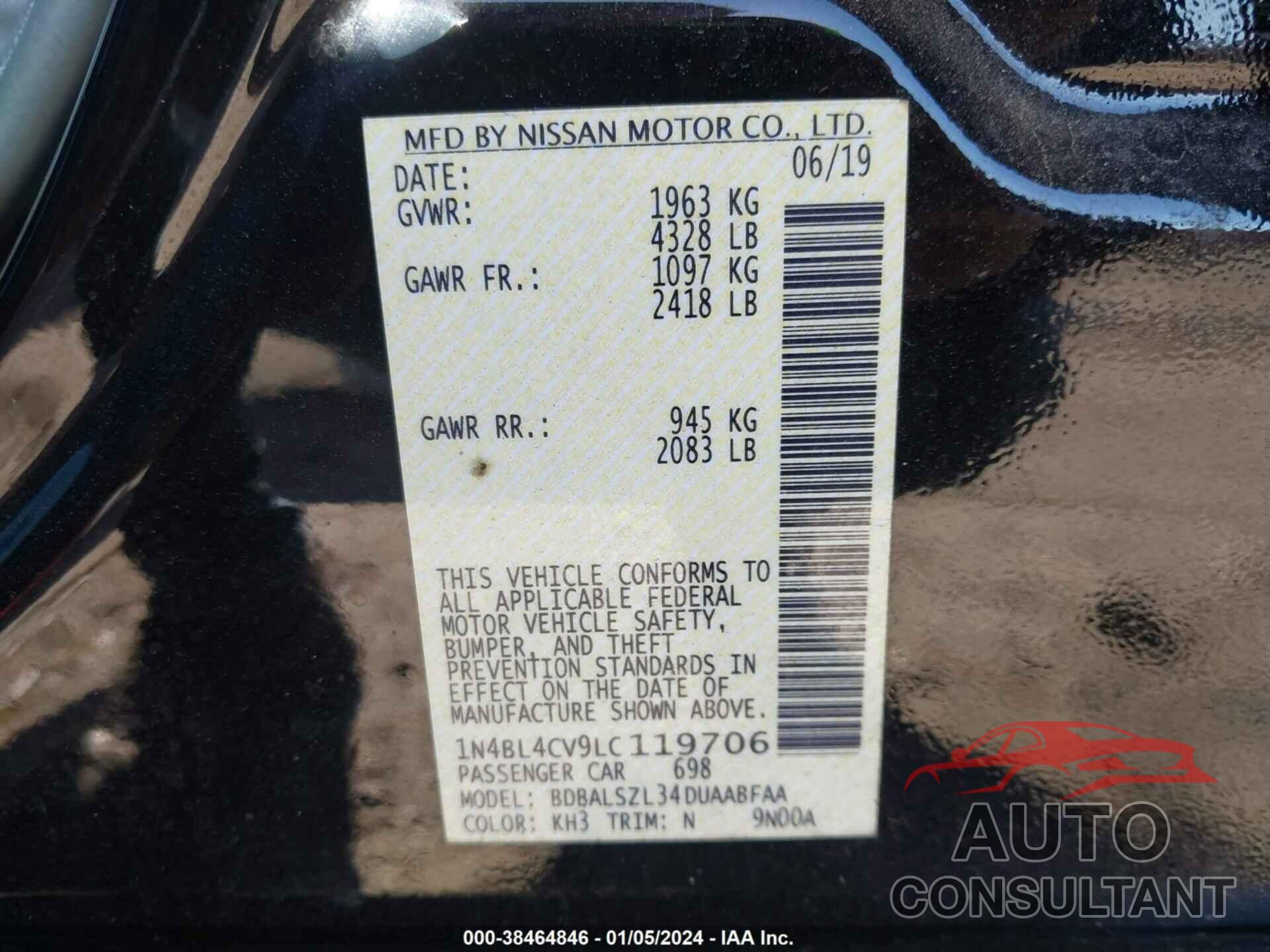 NISSAN ALTIMA 2020 - 1N4BL4CV9LC119706