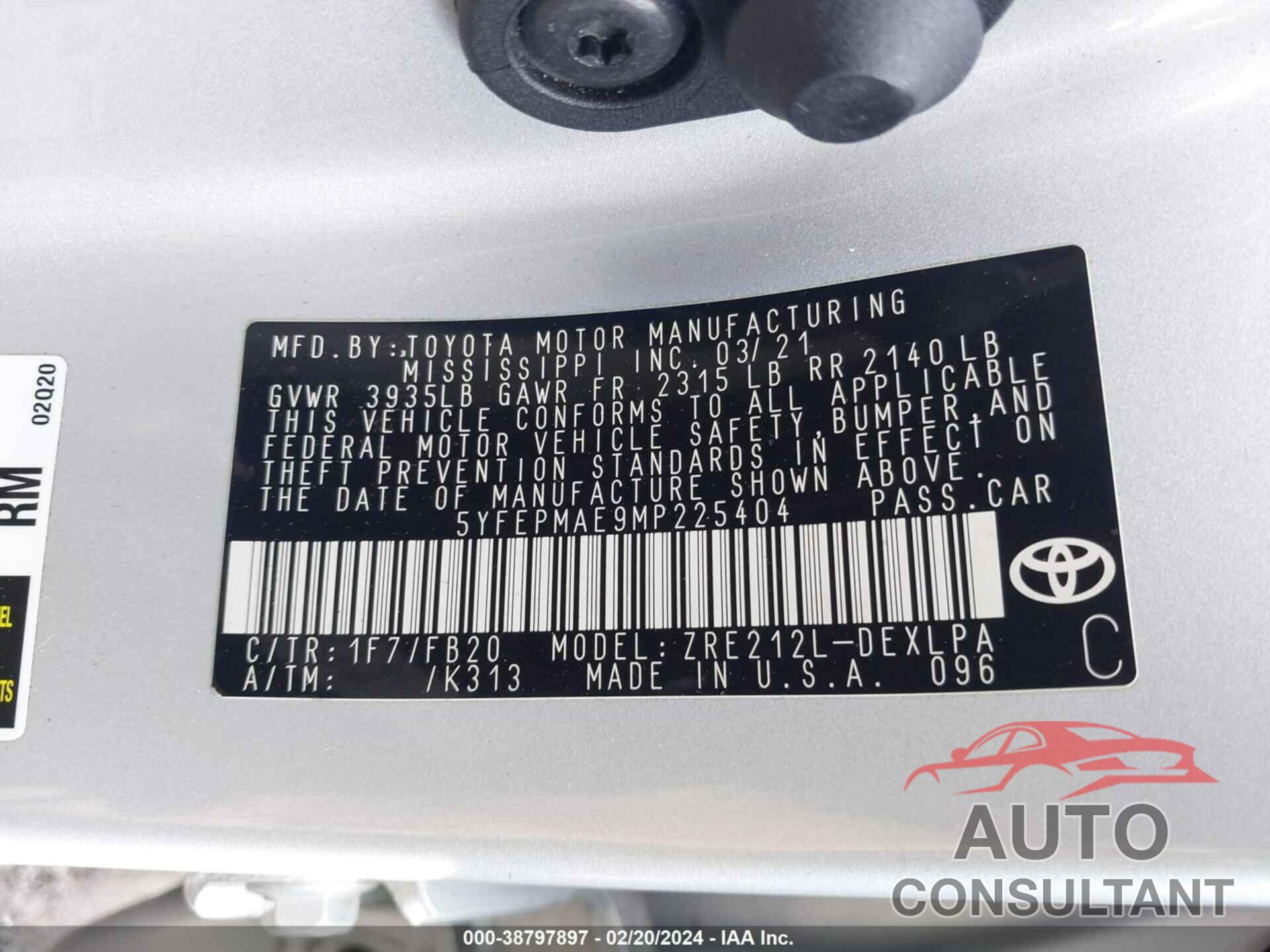 TOYOTA COROLLA 2021 - 5YFEPMAE9MP225404