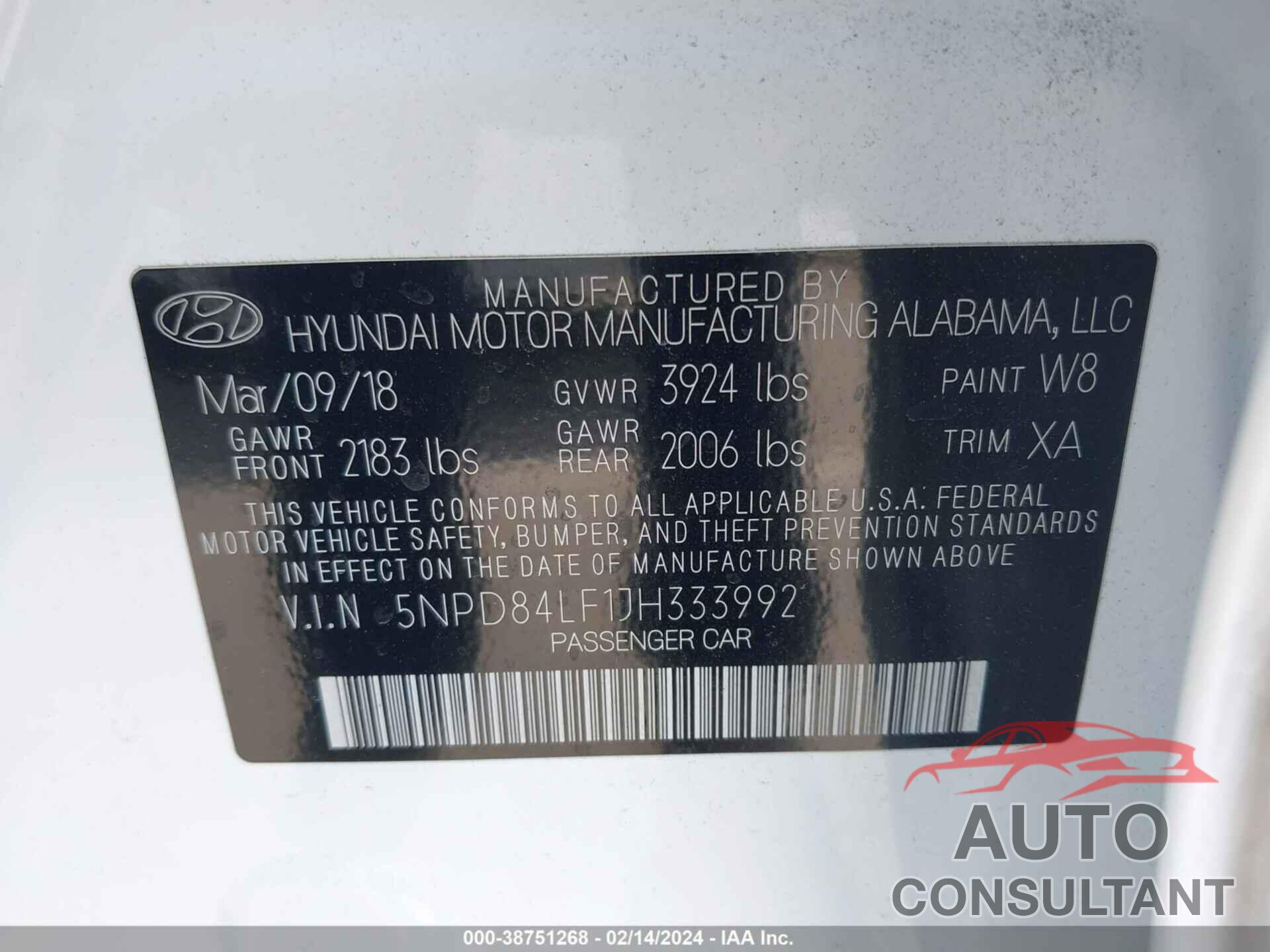 HYUNDAI ELANTRA 2018 - 5NPD84LF1JH333992