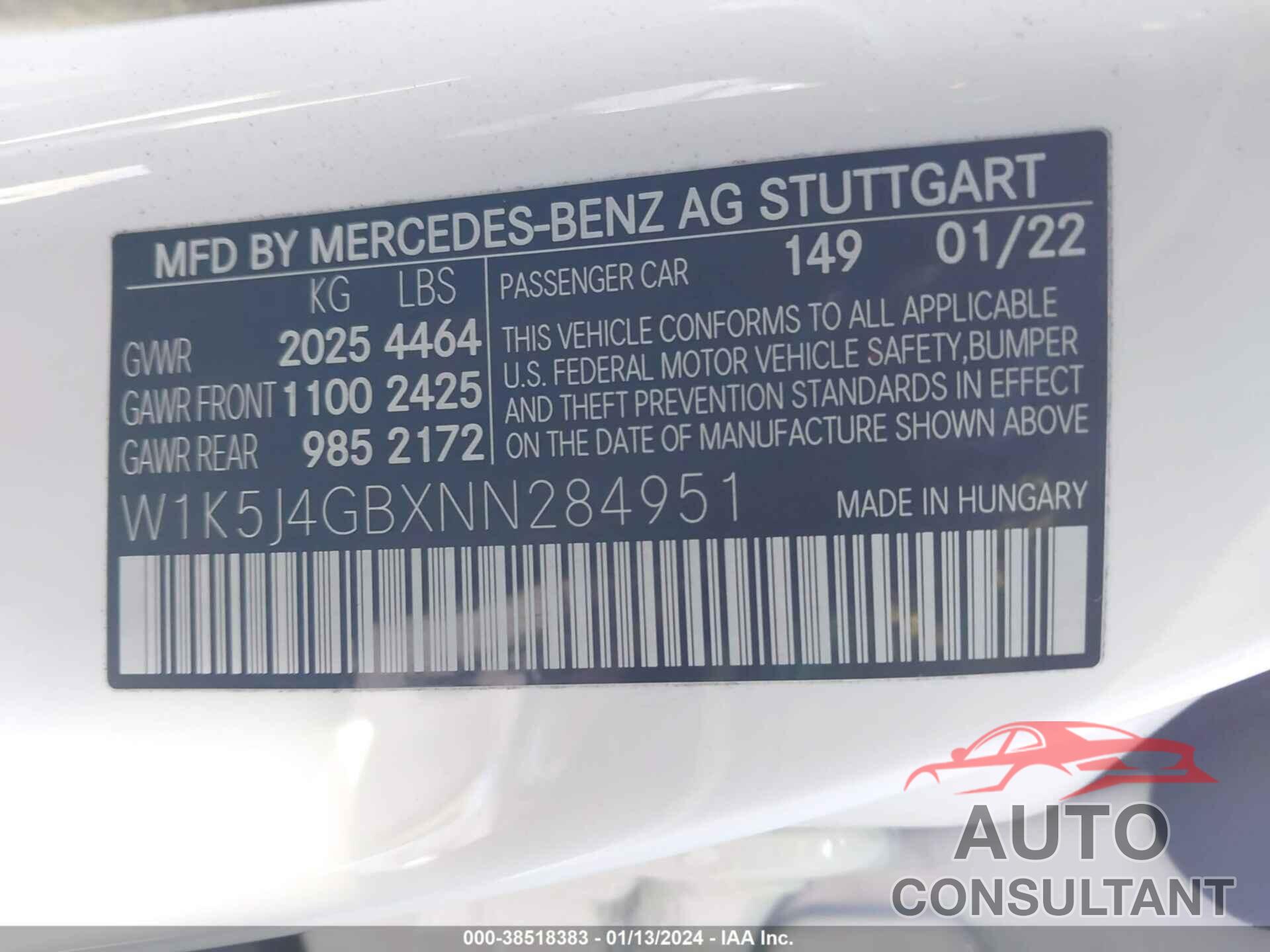 MERCEDES-BENZ CLA 250 COUPE 2022 - W1K5J4GBXNN284951