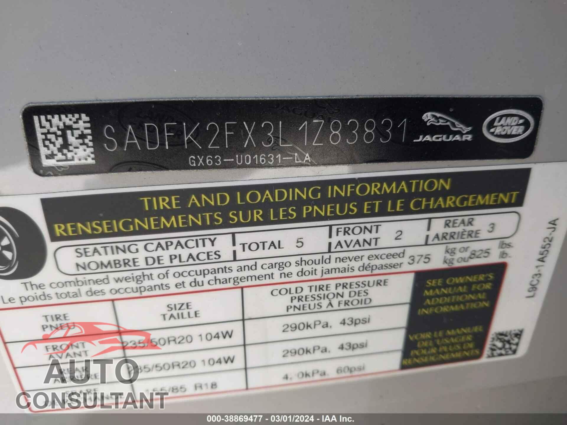 JAGUAR E-PACE 2020 - SADFK2FX3L1Z83831