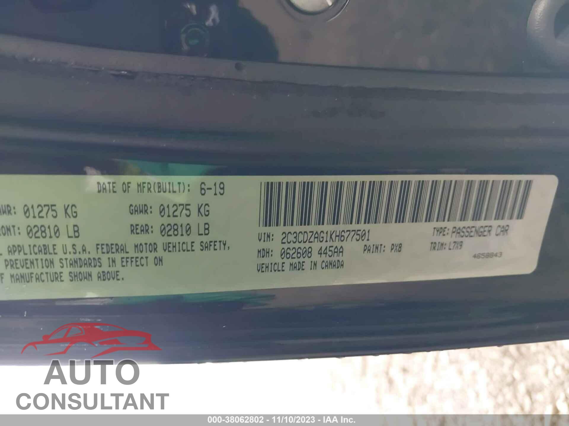 DODGE CHALLENGER 2019 - 2C3CDZAG1KH677501