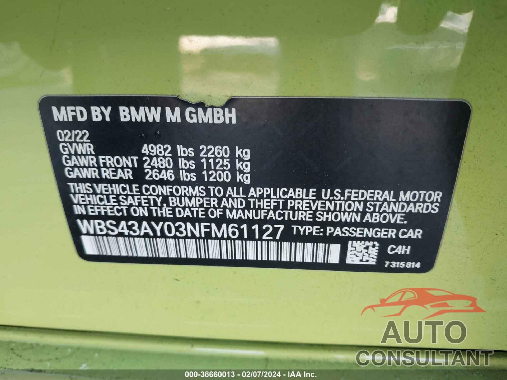 BMW M3 2022 - WBS43AY03NFM61127