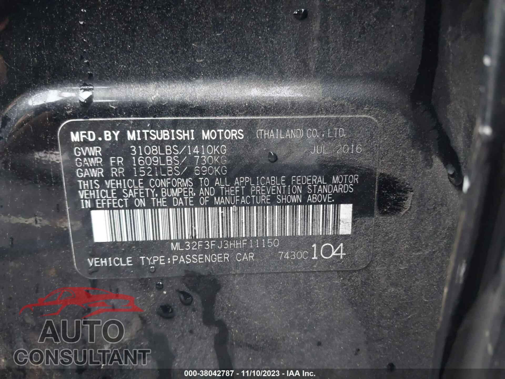 MITSUBISHI MIRAGE 2017 - ML32F3FJ3HHF11150